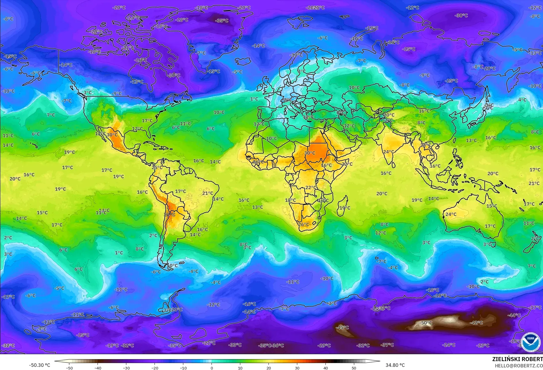 GFS modelo - Mundo, Temperatura a 850 hPa