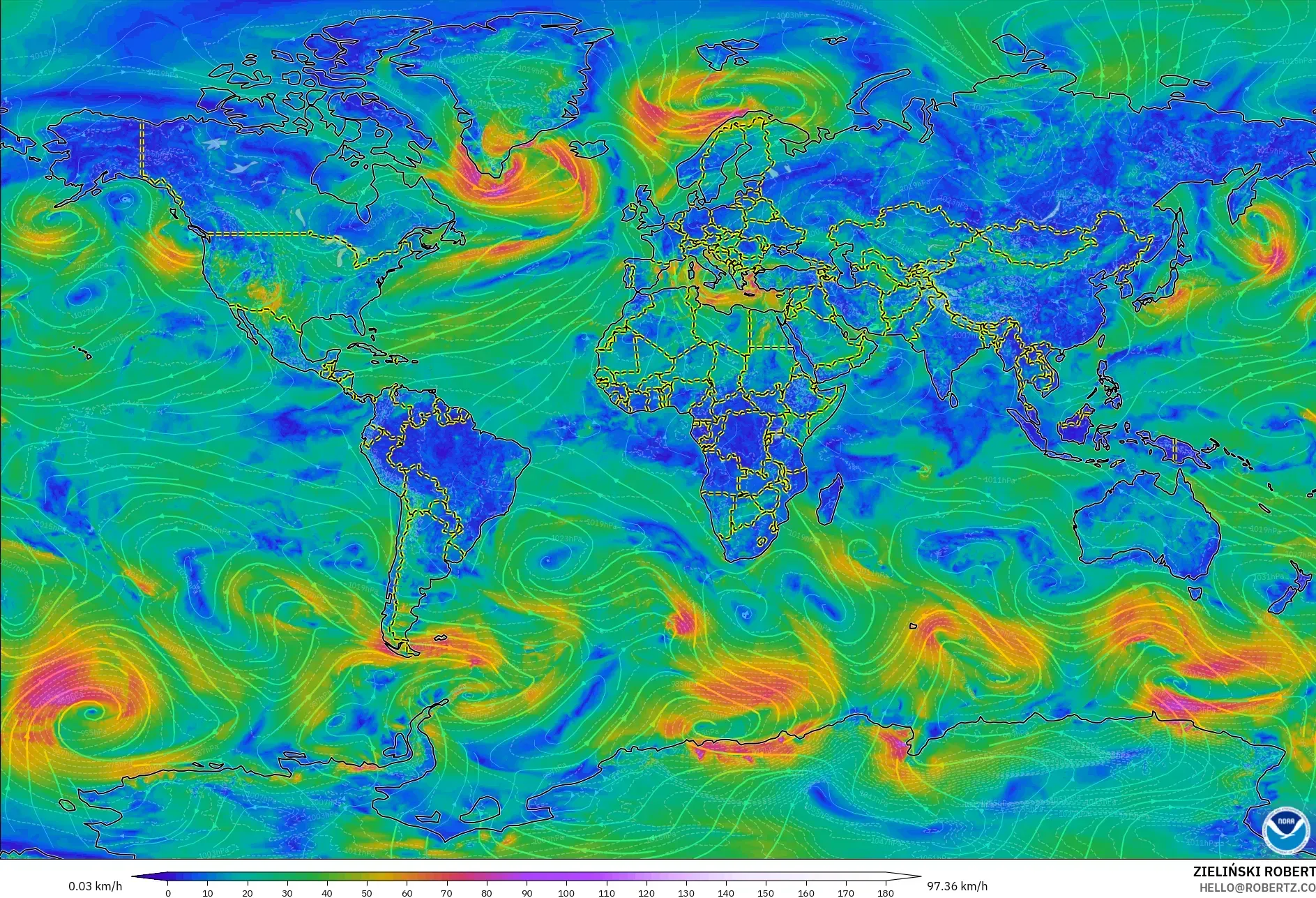 GFS modelo - Mundo, Viento a 10 m