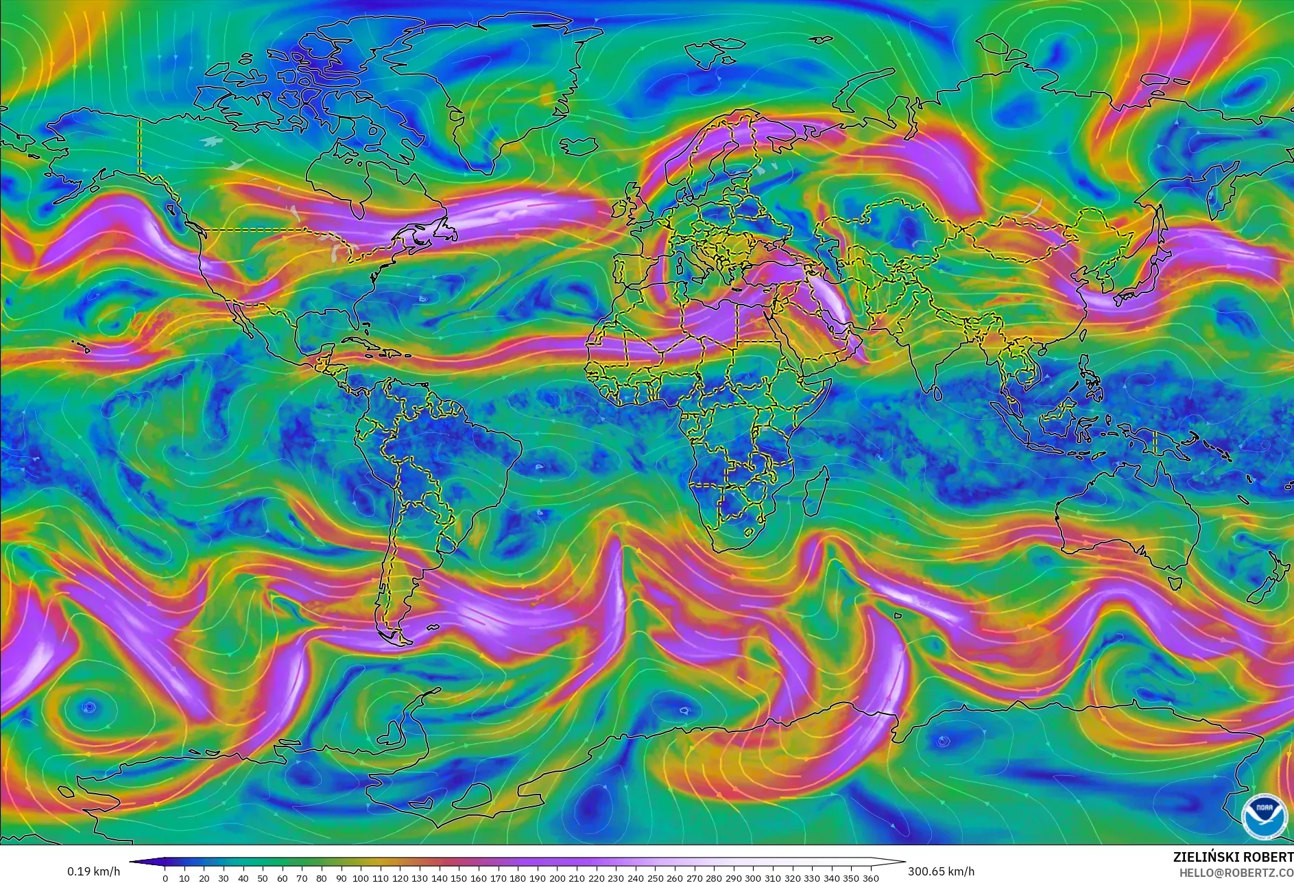 GFS modelo - Mundo, Viento a 300 hPa (corriente en chorro)