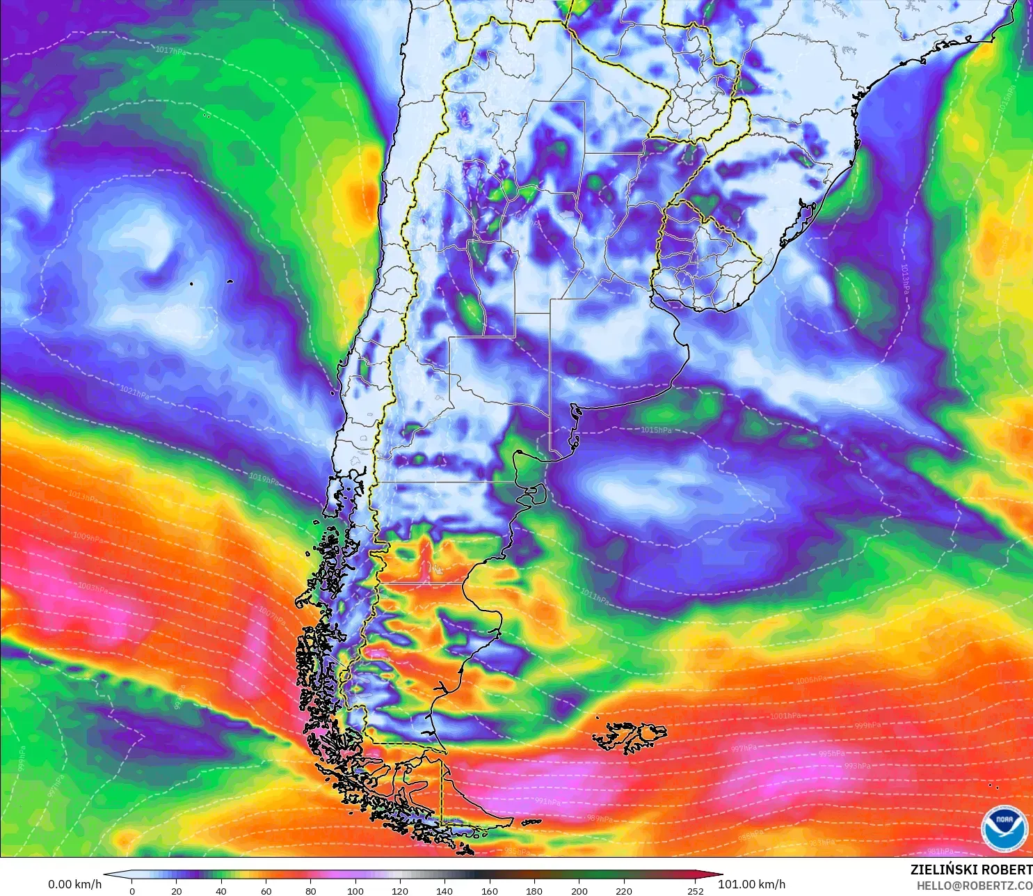 GFS modelo - Argentina, Ráfagas de Viento Máximas