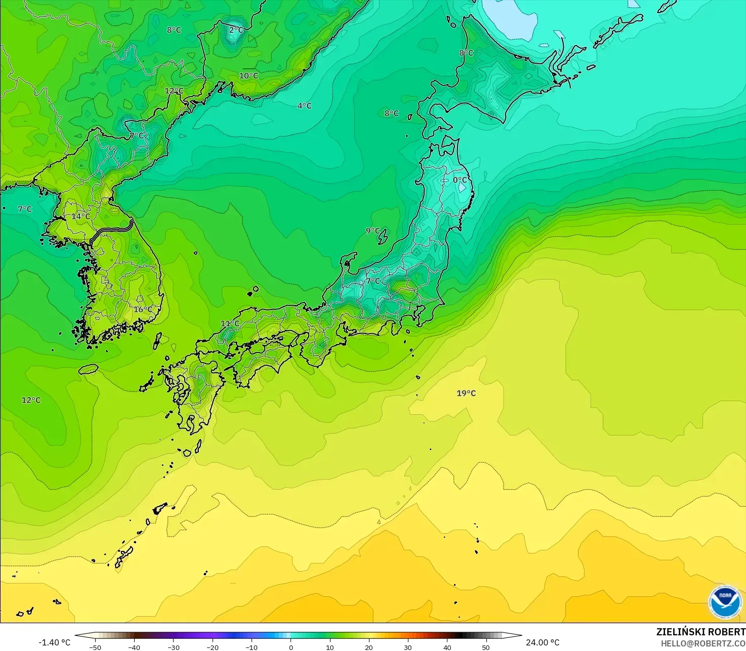 GFS modelo - Japón, Temperatura a 2 m