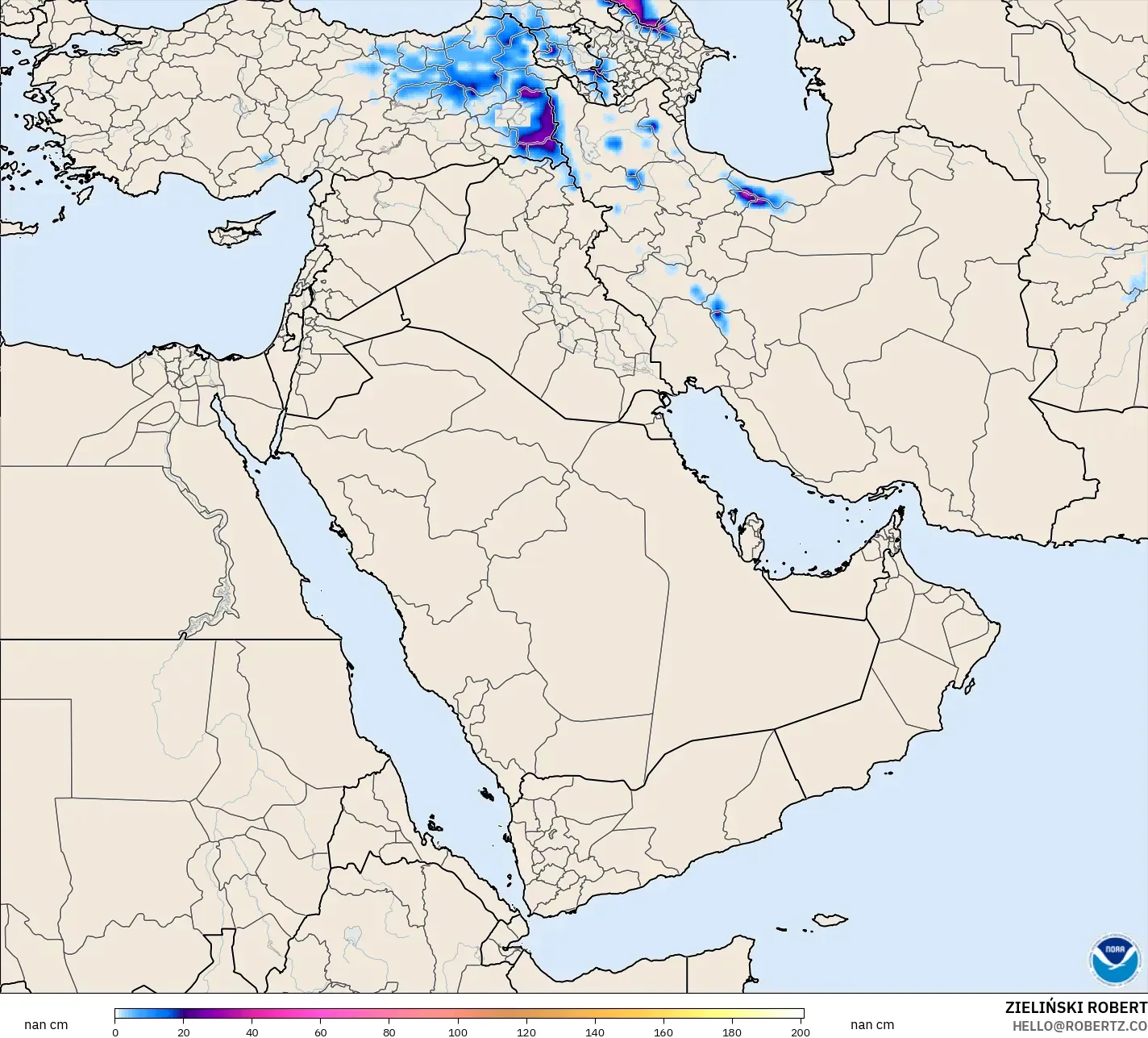 GFS modelo - Oriente Medio, Profundidad de nieve