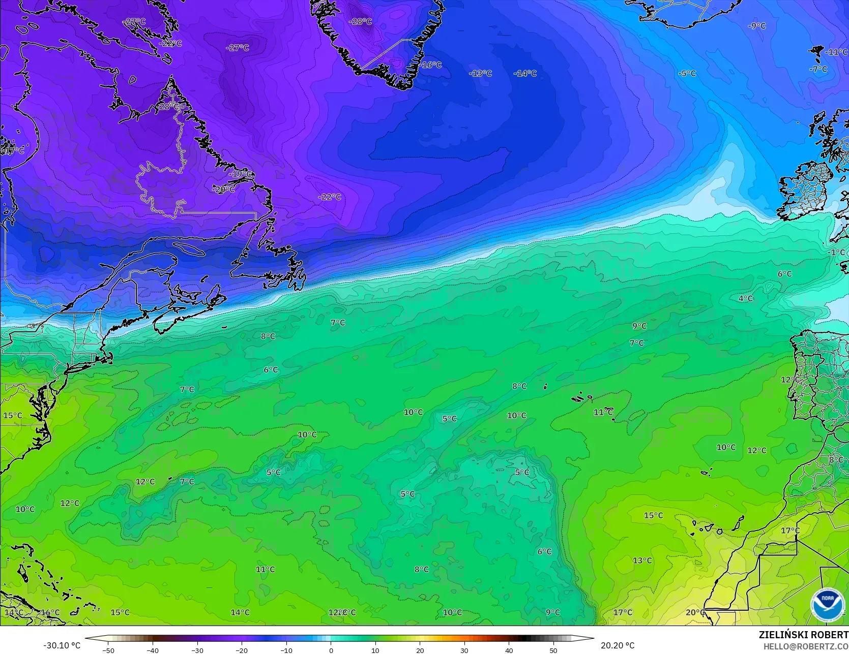GFS modelo - Norte Atlántico, Temperatura a 850 hPa