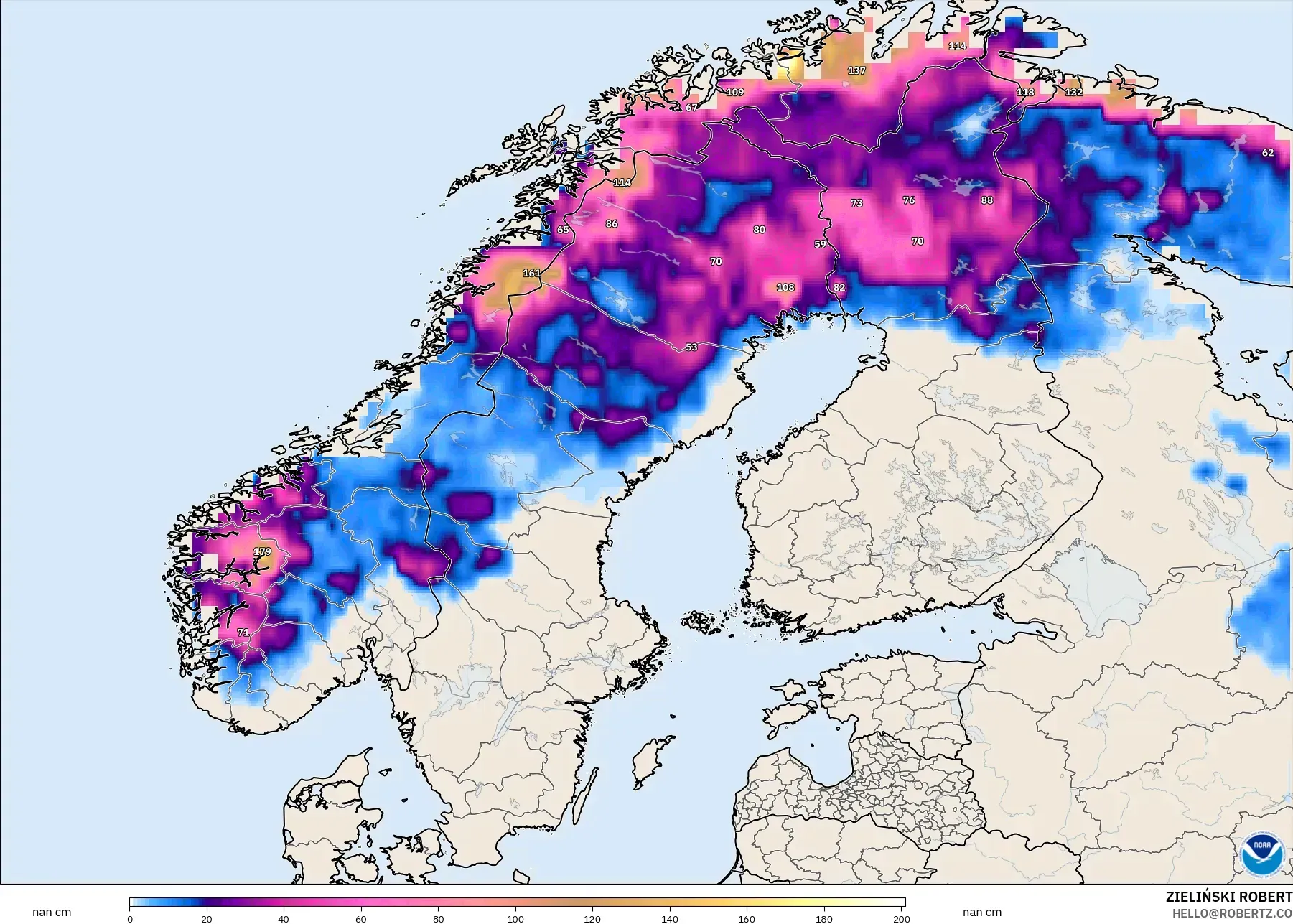 GFS modelo - Escandinavia, Profundidad de nieve