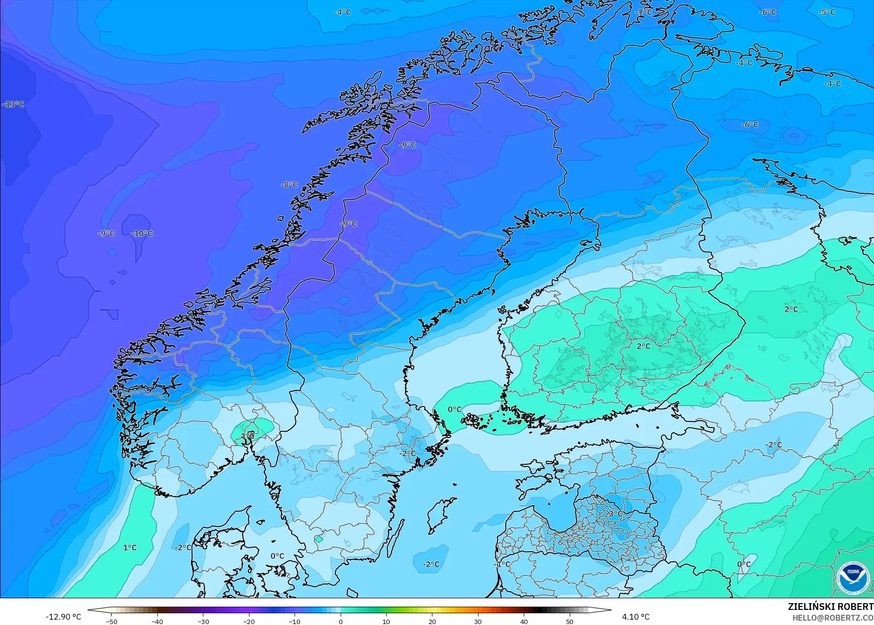 GFS modelo - Escandinavia, Temperatura a 850 hPa