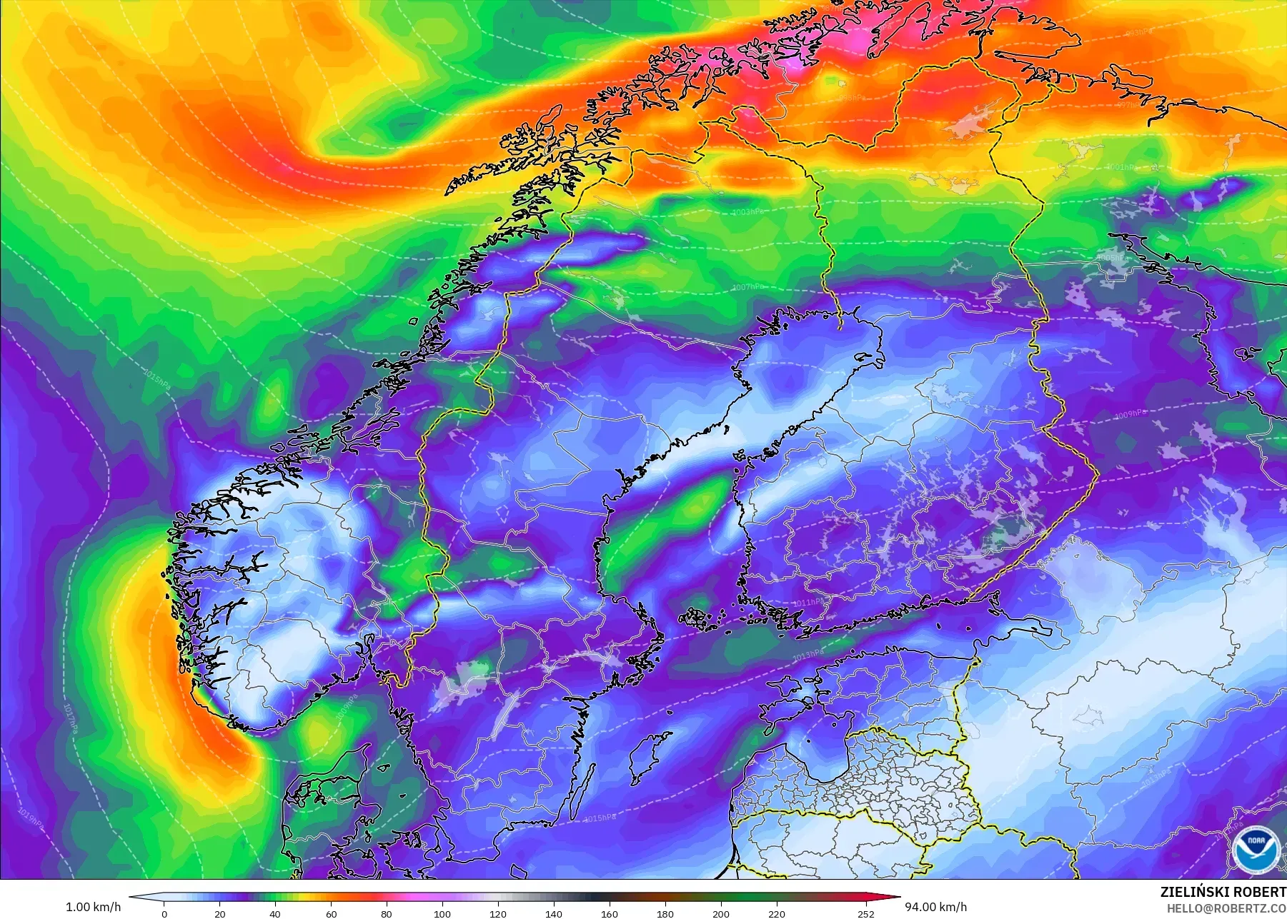 GFS modelo - Escandinavia, Ráfagas de viento
