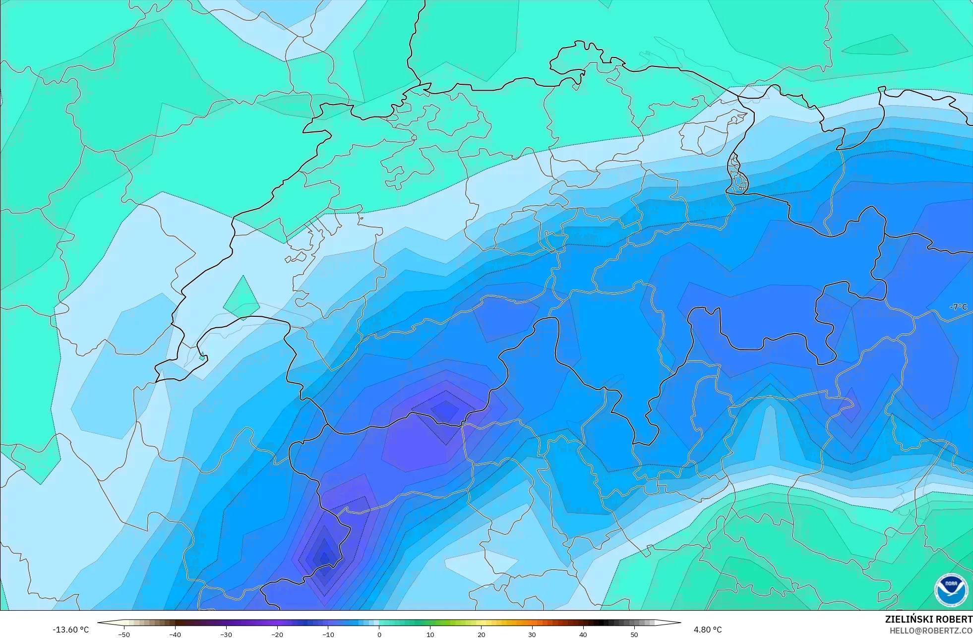 GFS modelo - Suiza, Punto de rocío a 2 m