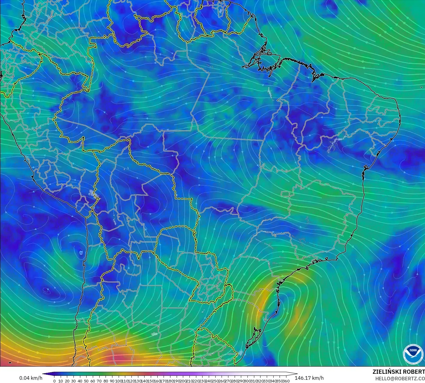 GFS modelo - Brasil, Viento a 300 hPa (corriente en chorro)