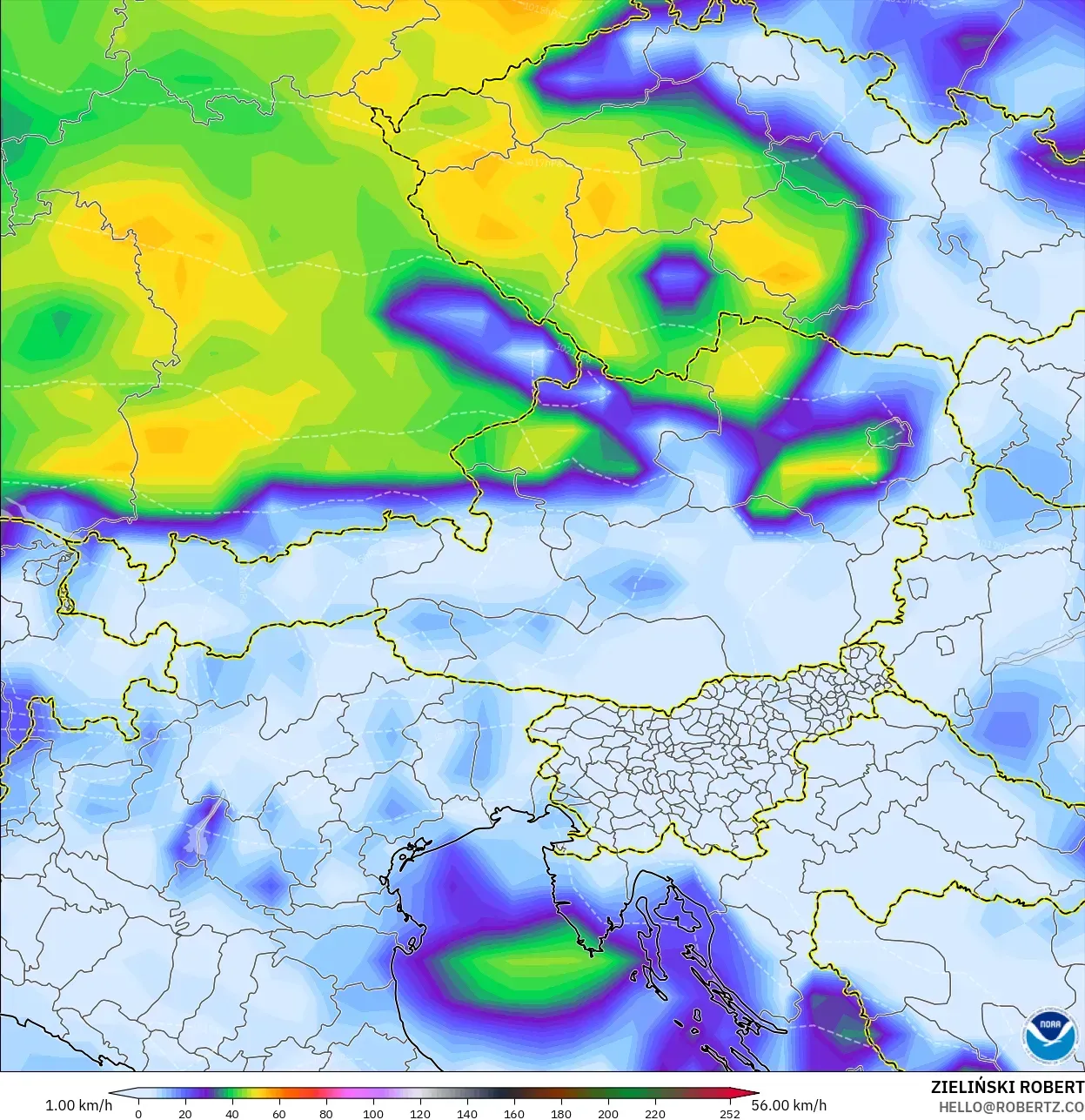 GFS modelo - Austria, Ráfagas de Viento Máximas