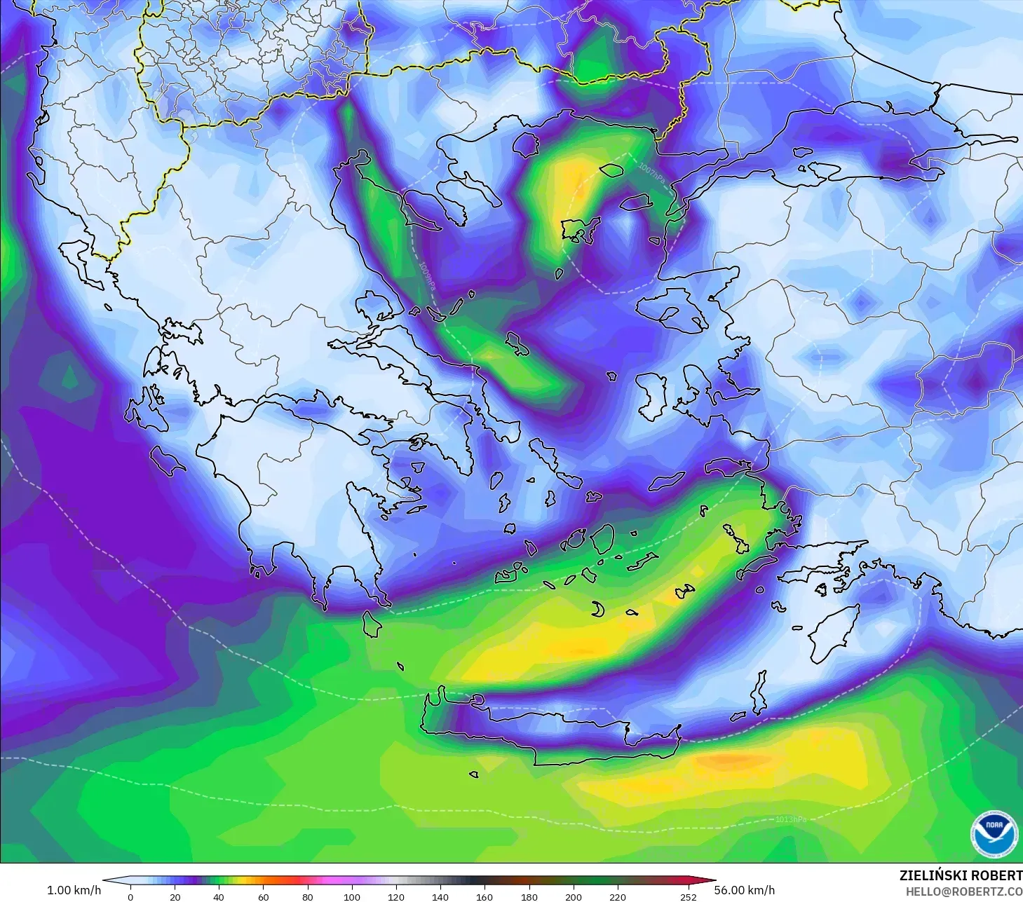 GFS modelo - Grecia, Ráfagas de Viento Máximas