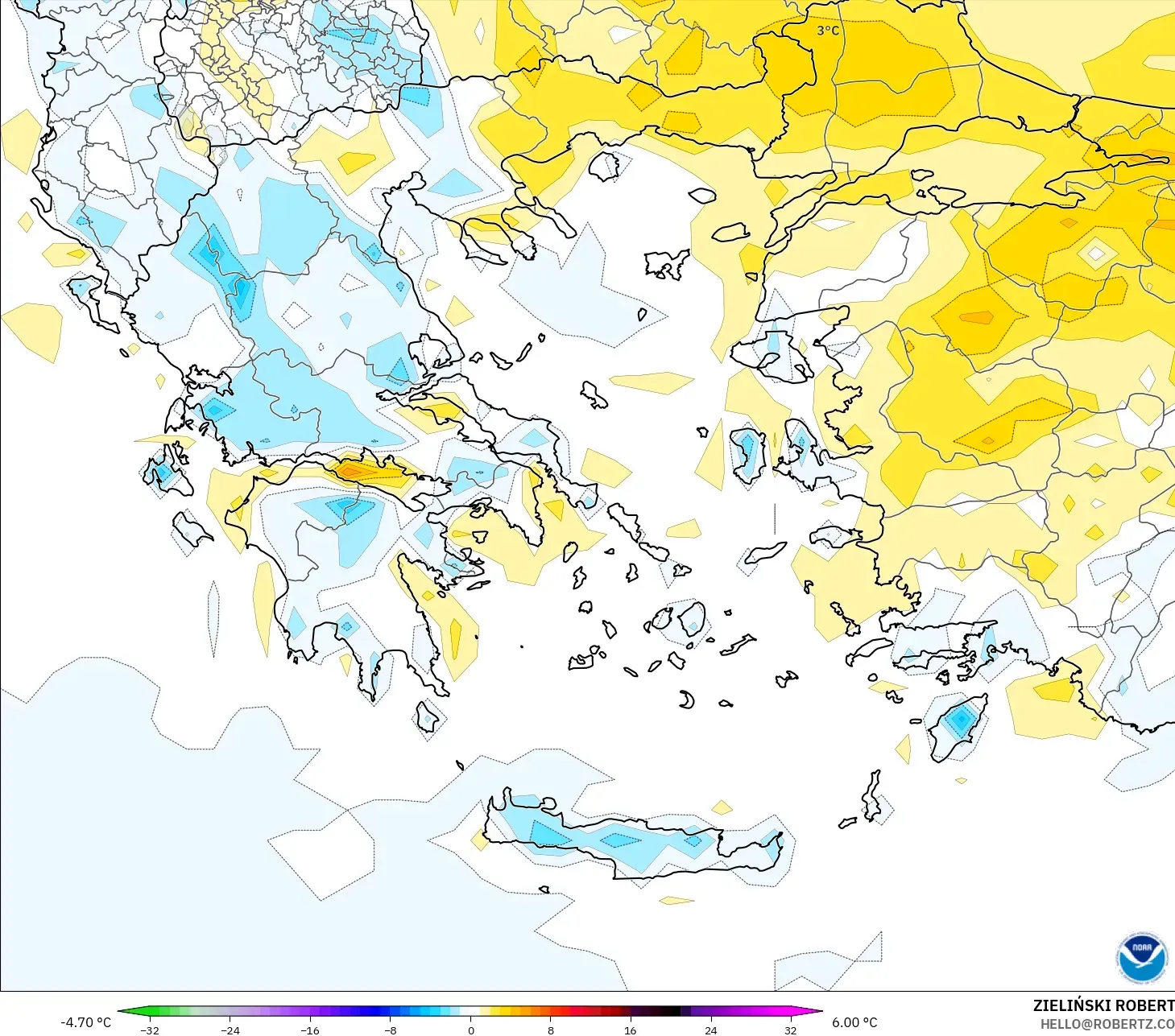 GFS modelo - Grecia, Anomalía de temperatura a 2 m