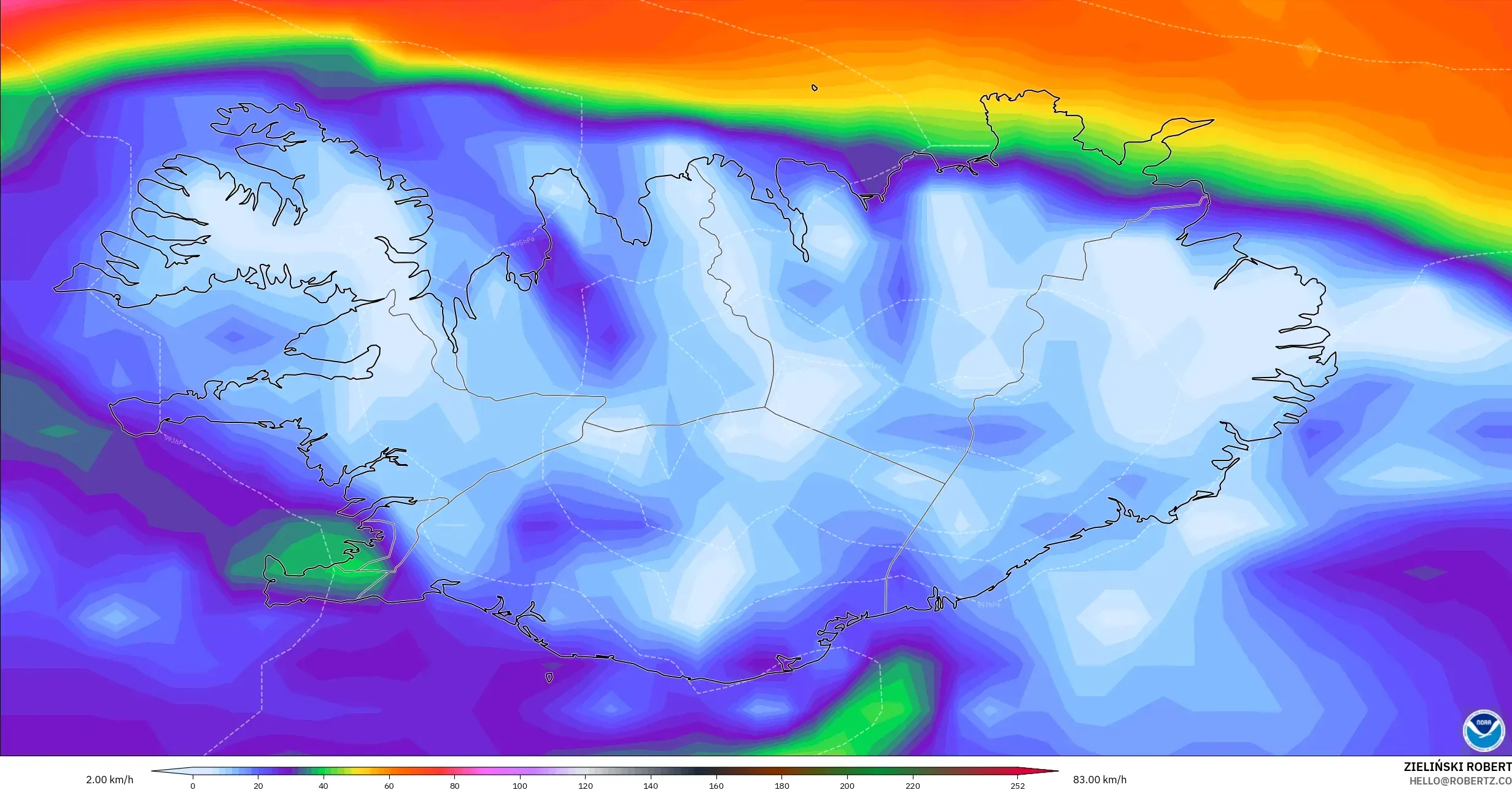 GFS modelo - Islandia, Ráfagas de Viento Máximas
