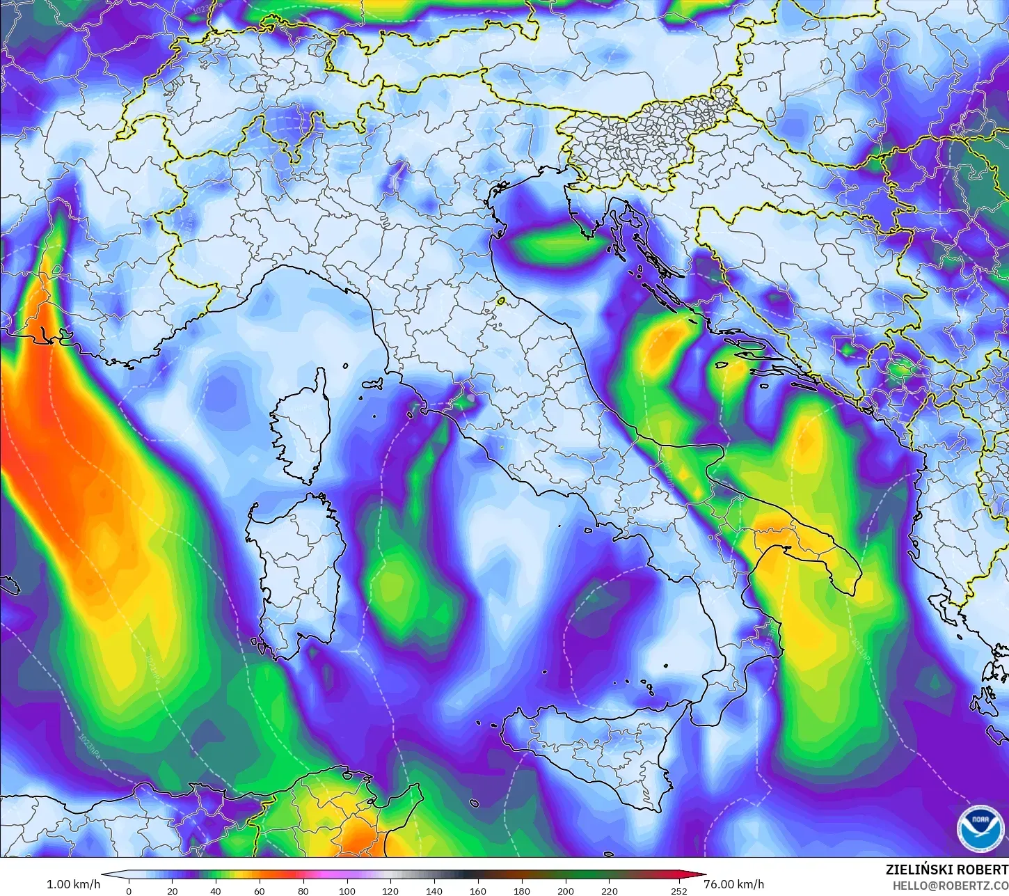 GFS modelo - Italia, Ráfagas de Viento Máximas