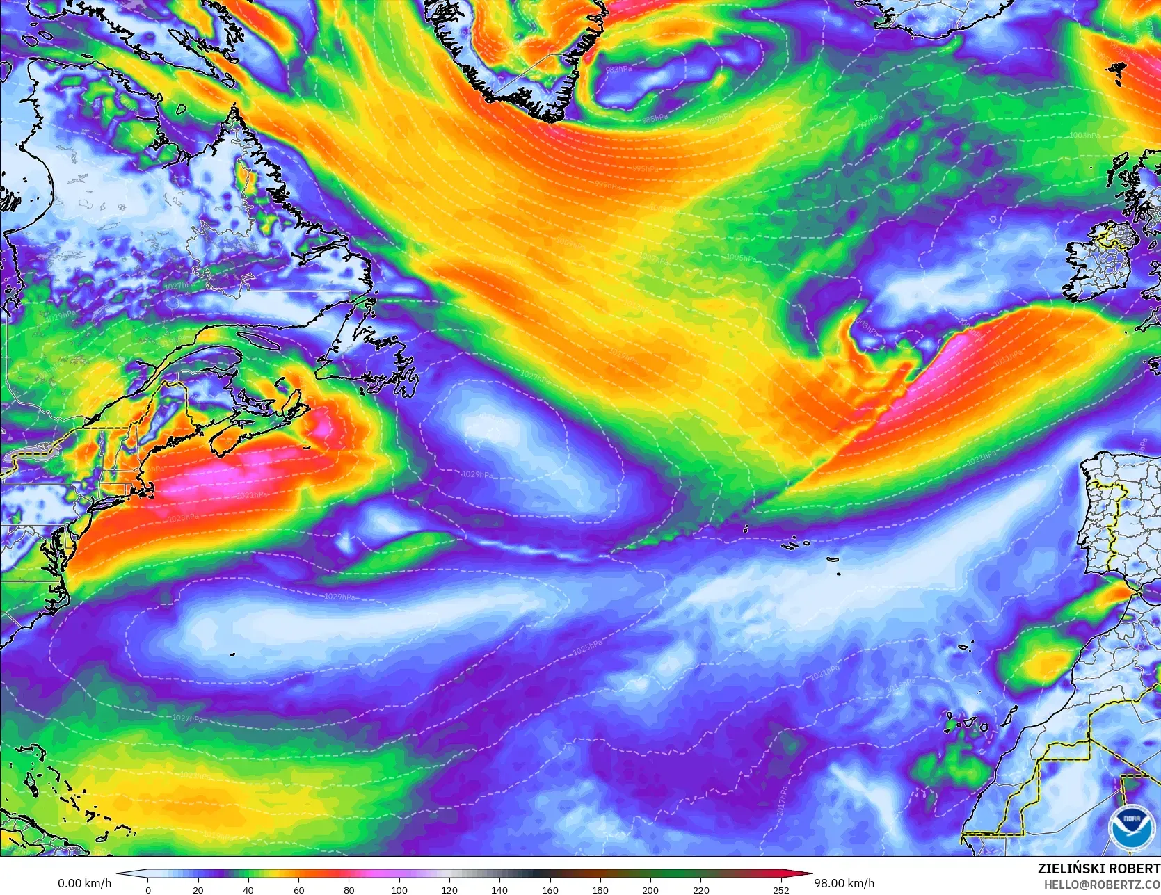 GFS modelo - Norte Atlántico, Ráfagas de Viento Máximas