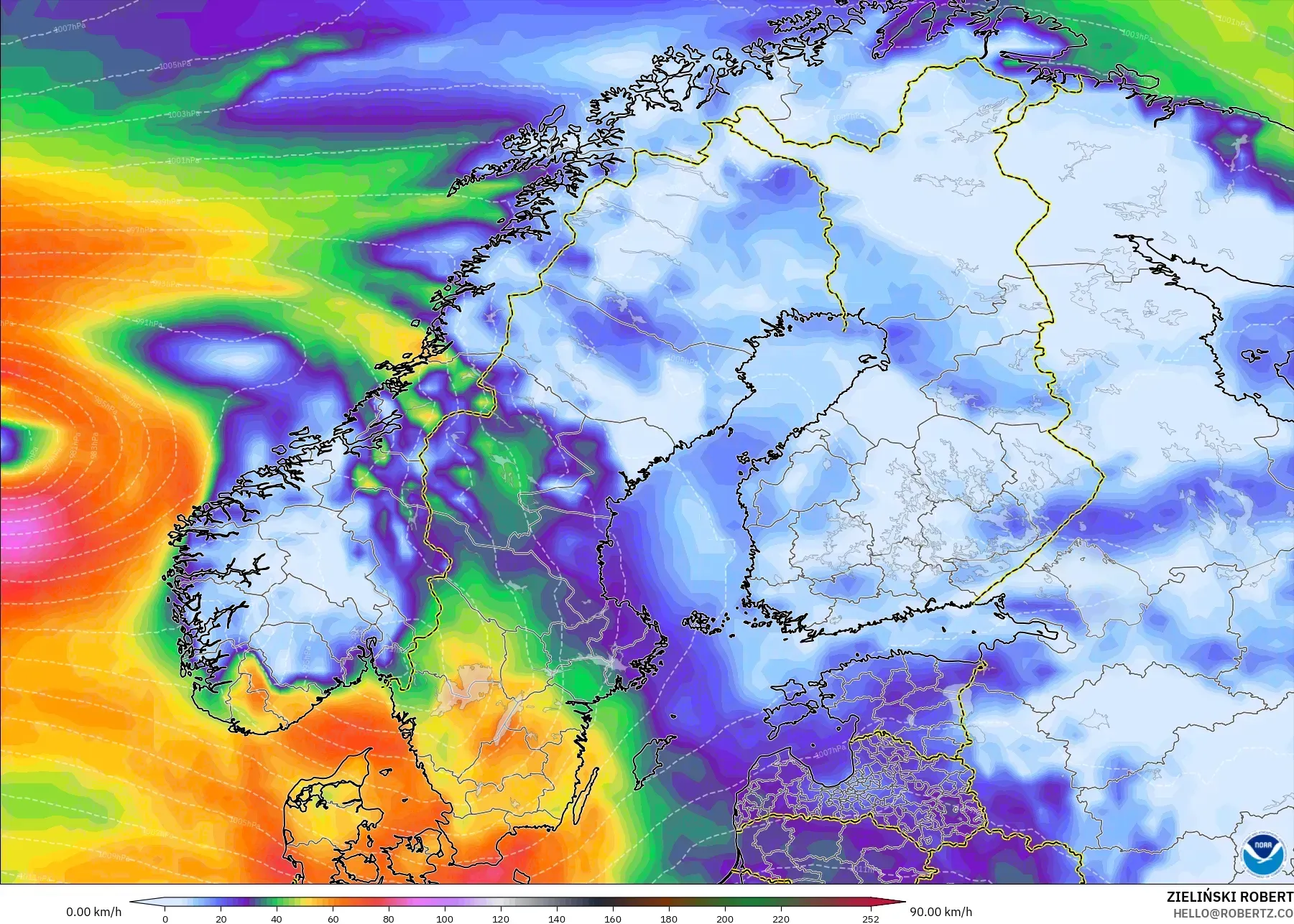 GFS modelo - Escandinavia, Ráfagas de Viento Máximas