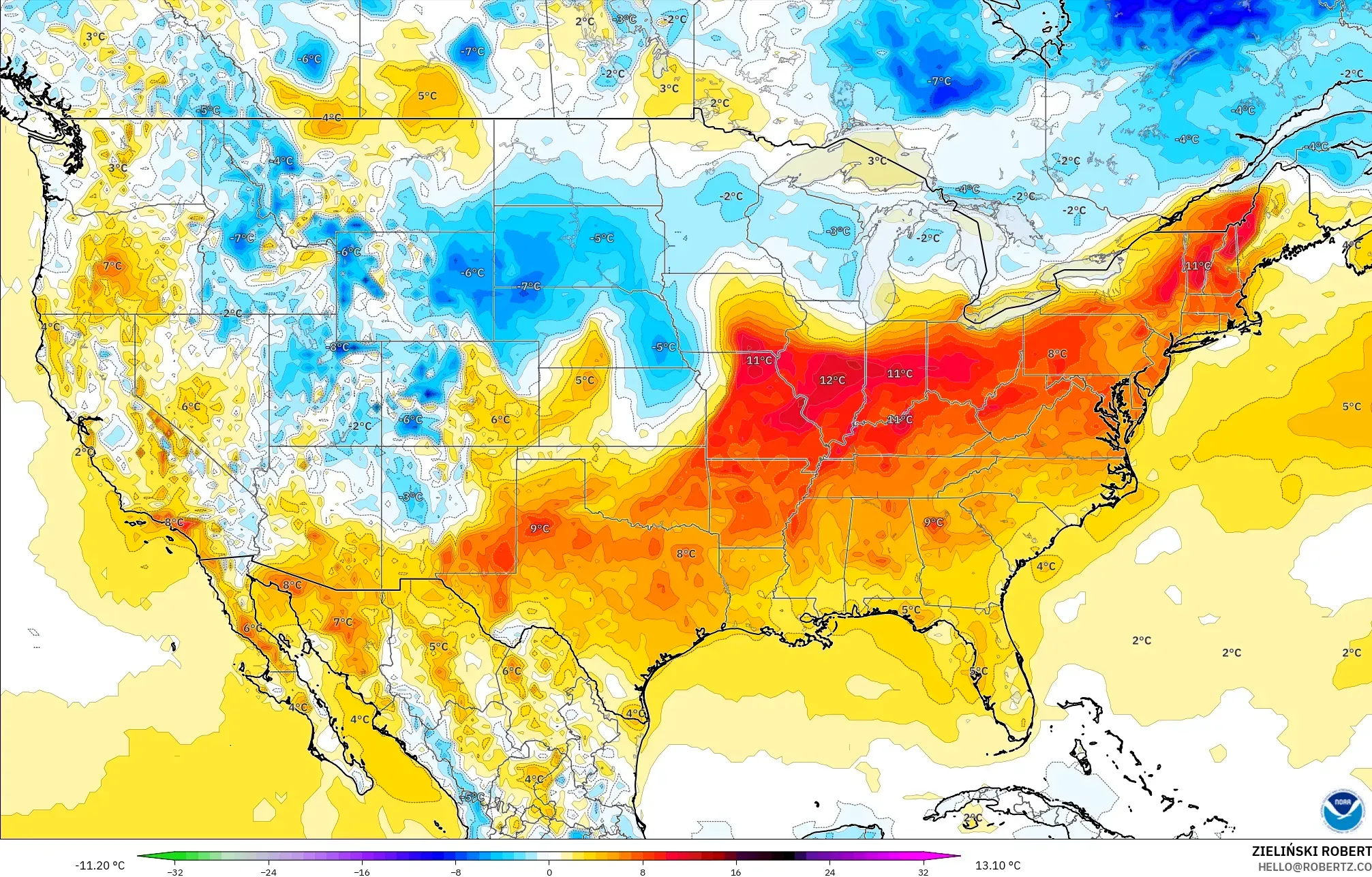 GFS modelo - Estados Unidos, Anomalía de temperatura a 2 m