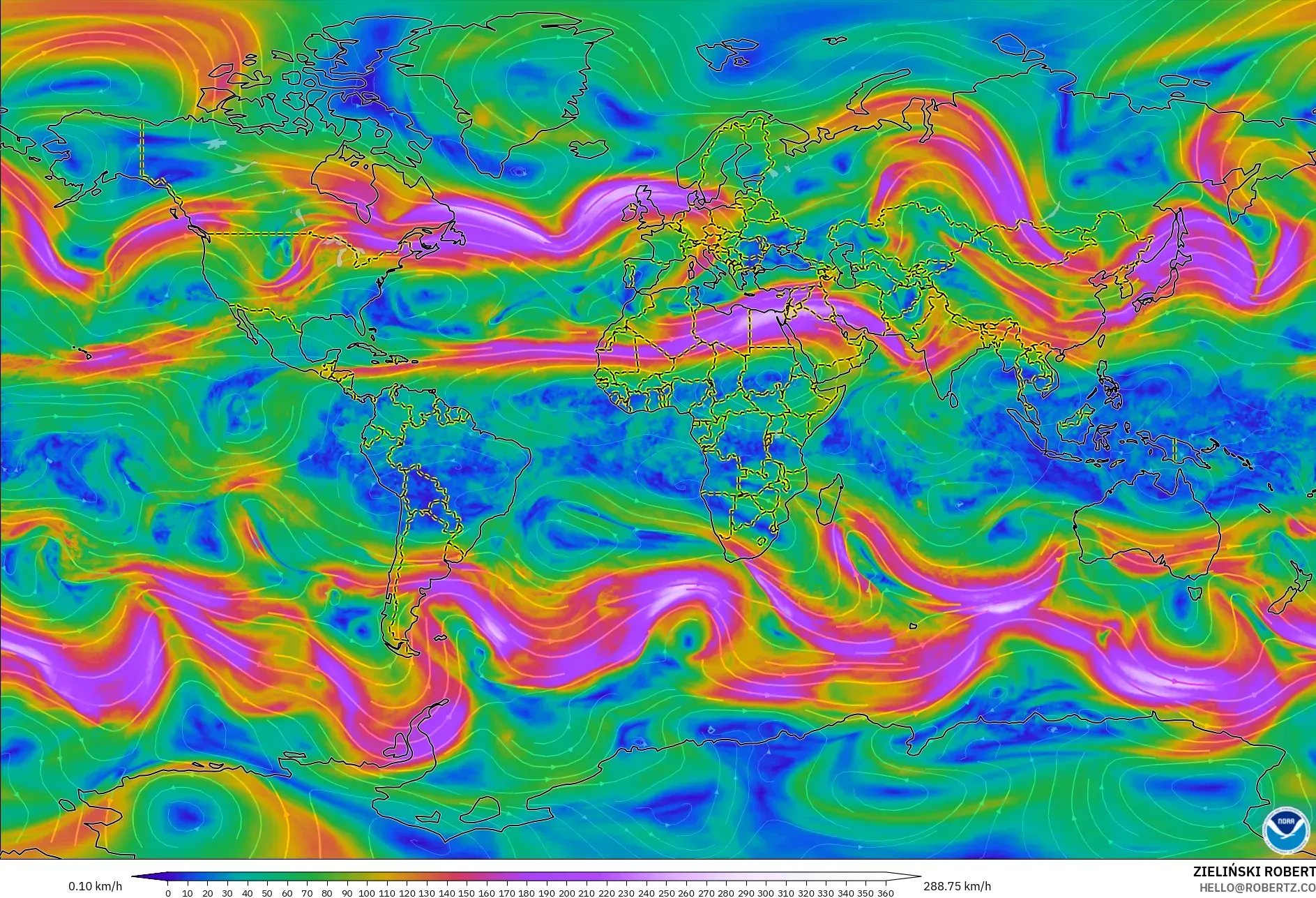 GFS modelo - Mundo, Viento a 300 hPa (corriente en chorro)