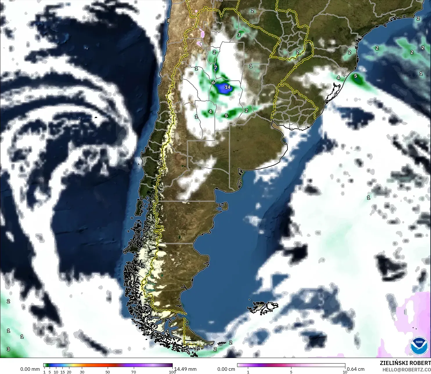 GFS modelo - Argentina, Precipitación, nubes y presión