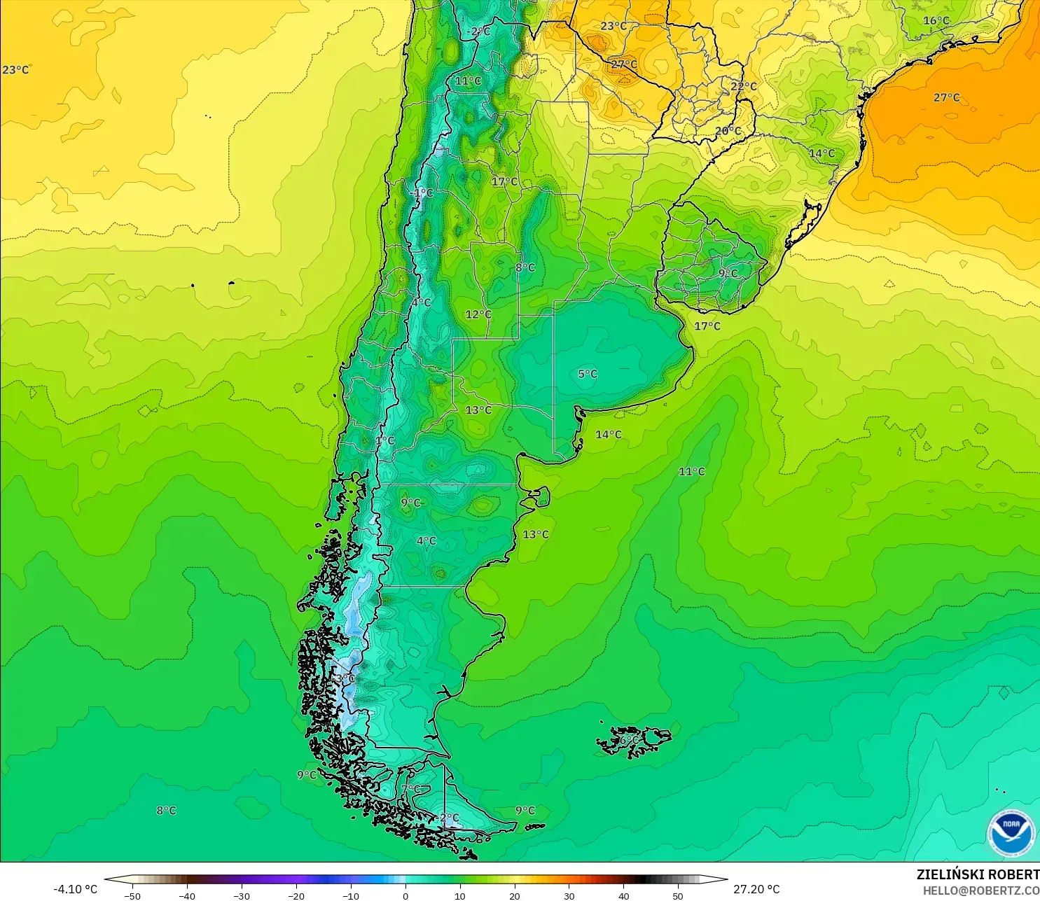 GFS modelo - Argentina, Temperatura a 2 m