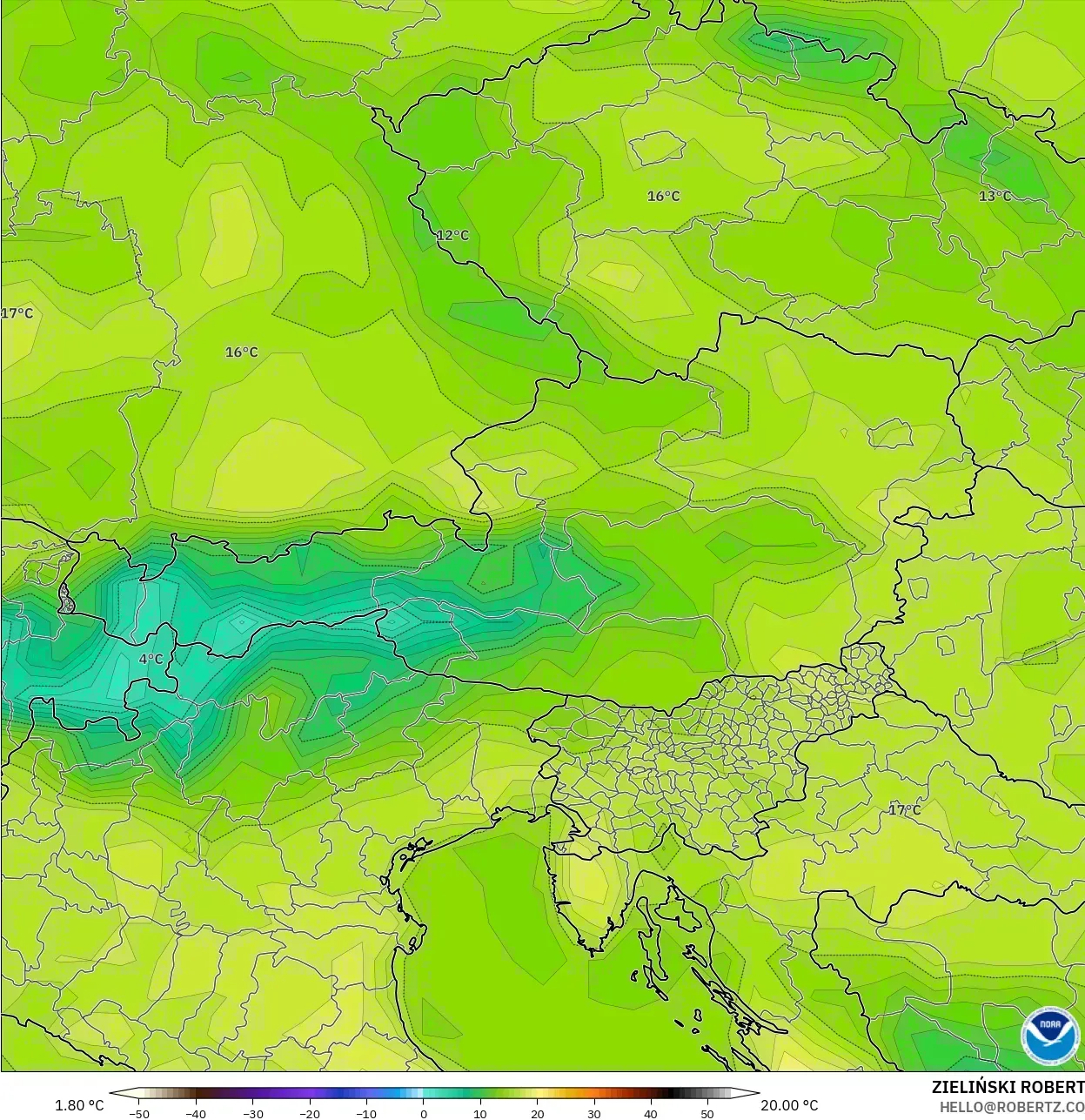 GFS modelo - Austria, Temperatura a 2 m