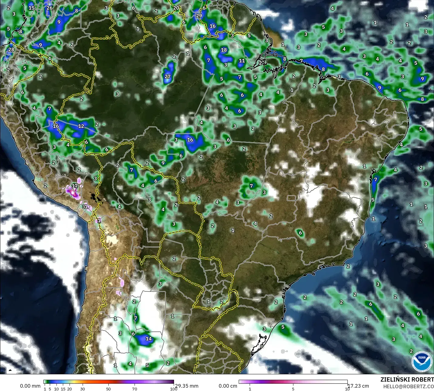 GFS modelo - Brasil, Precipitación, nubes y presión