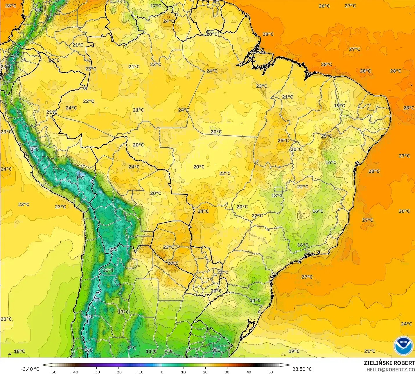 GFS modelo - Brasil, Temperatura a 2 m