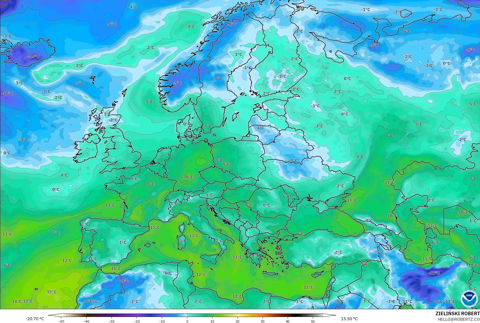 GFS modelo - Europa, Punto de rocío a 2 m