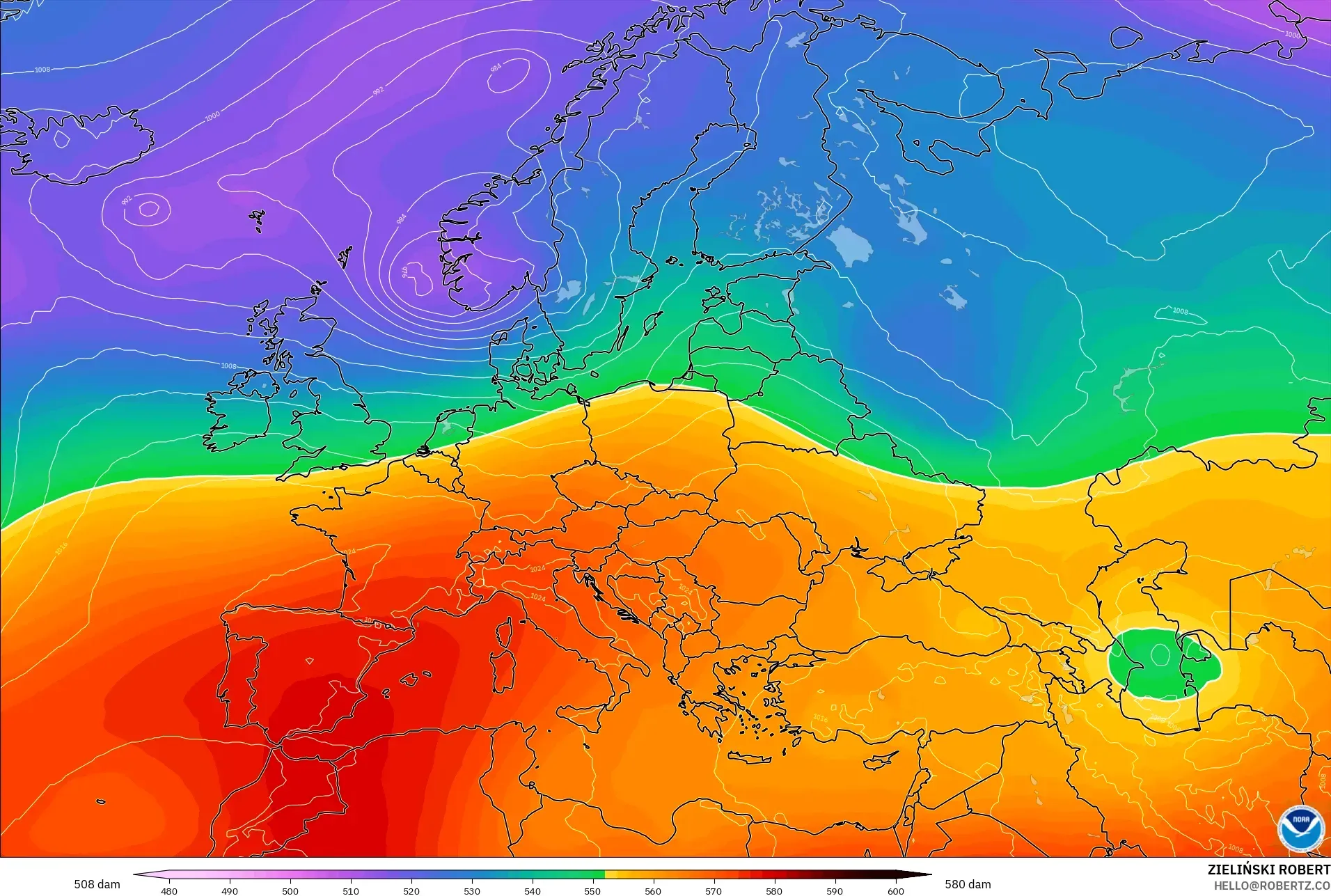 GFS modelo - Europa, Altura geopotencial a 500 hPa