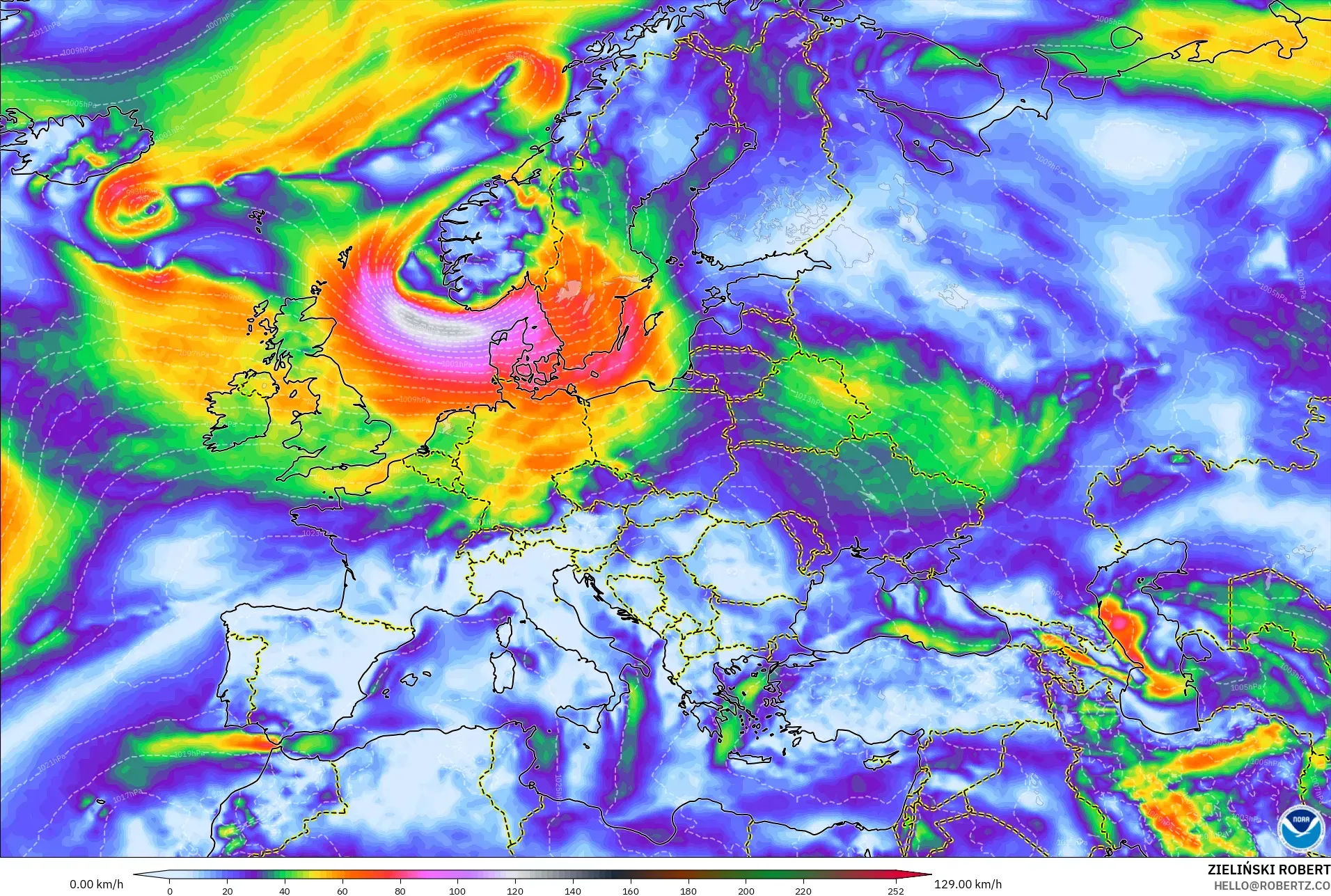 GFS modelo - Europa, Ráfagas de Viento Máximas