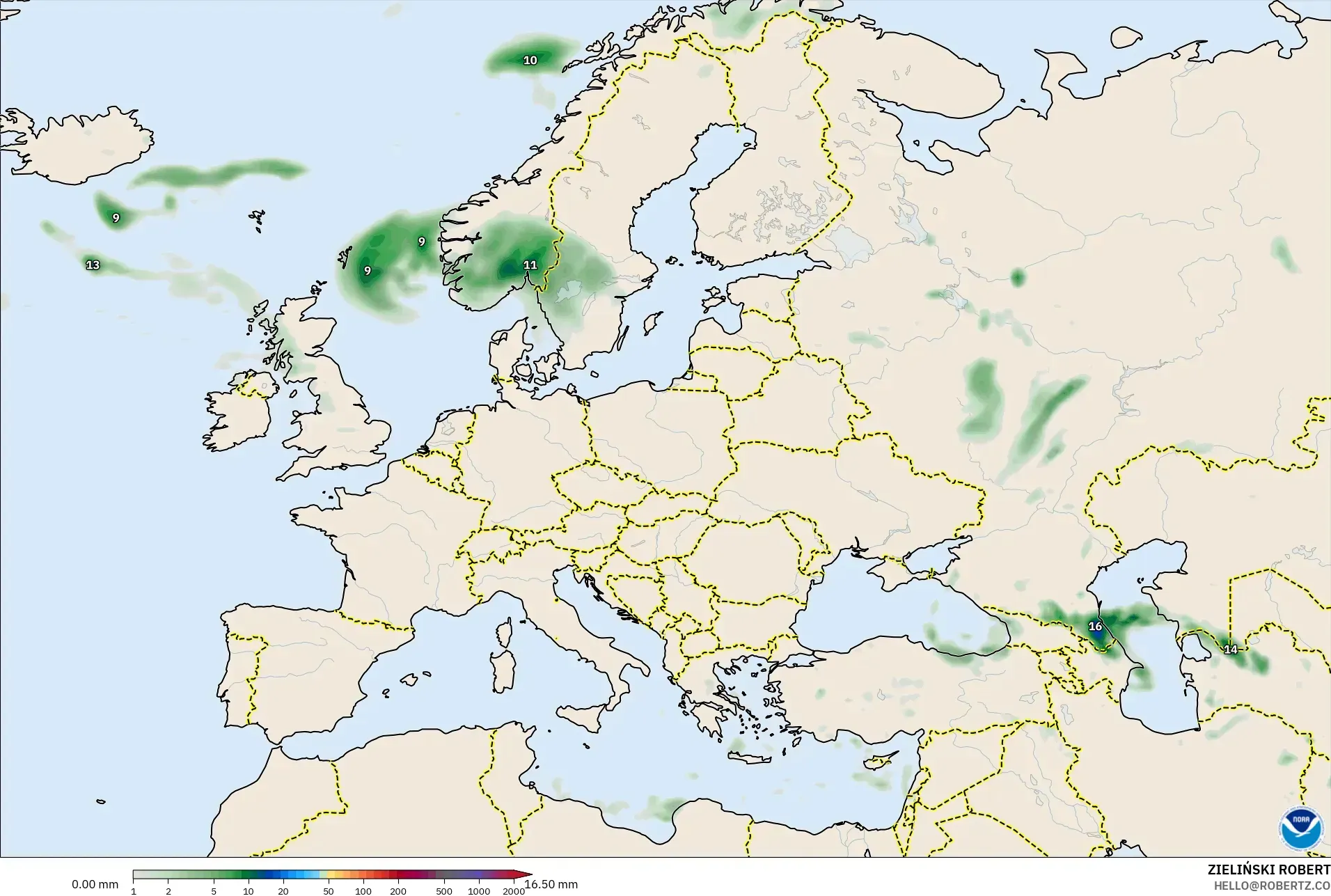 GFS modelo - Europa, Acumulación de precipitación