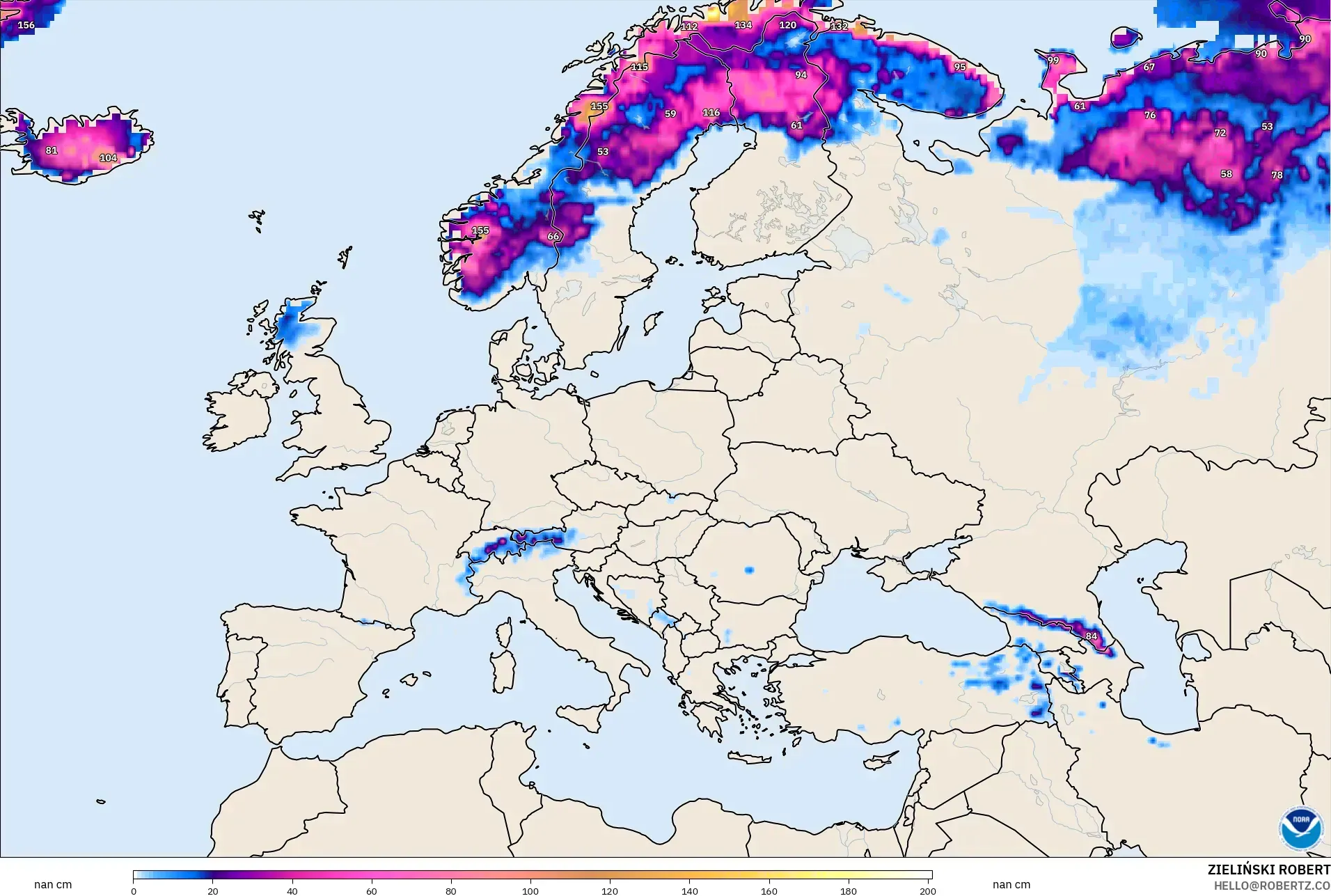 GFS modelo - Europa, Profundidad de nieve