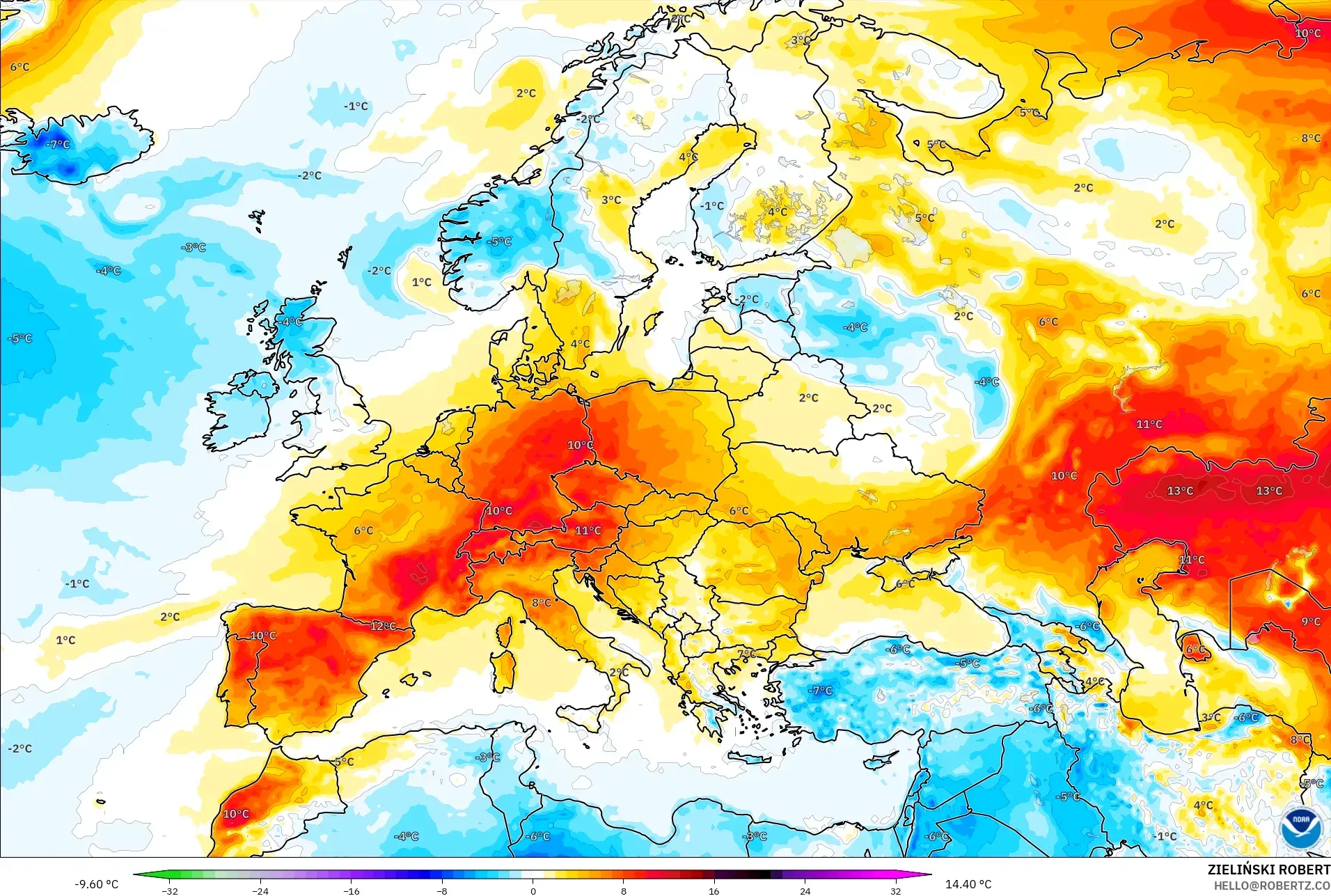 GFS modelo - Europa, Anomalía de temperatura a 2 m