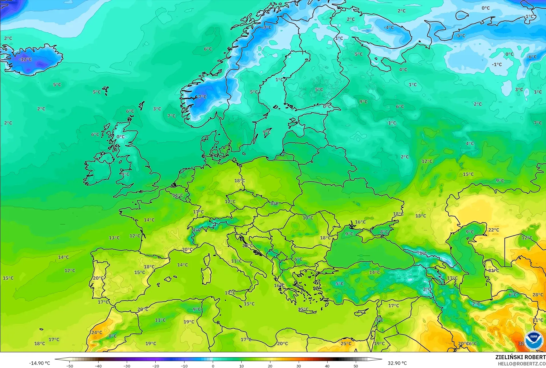 GFS modelo - Europa, Temperatura a 2 m