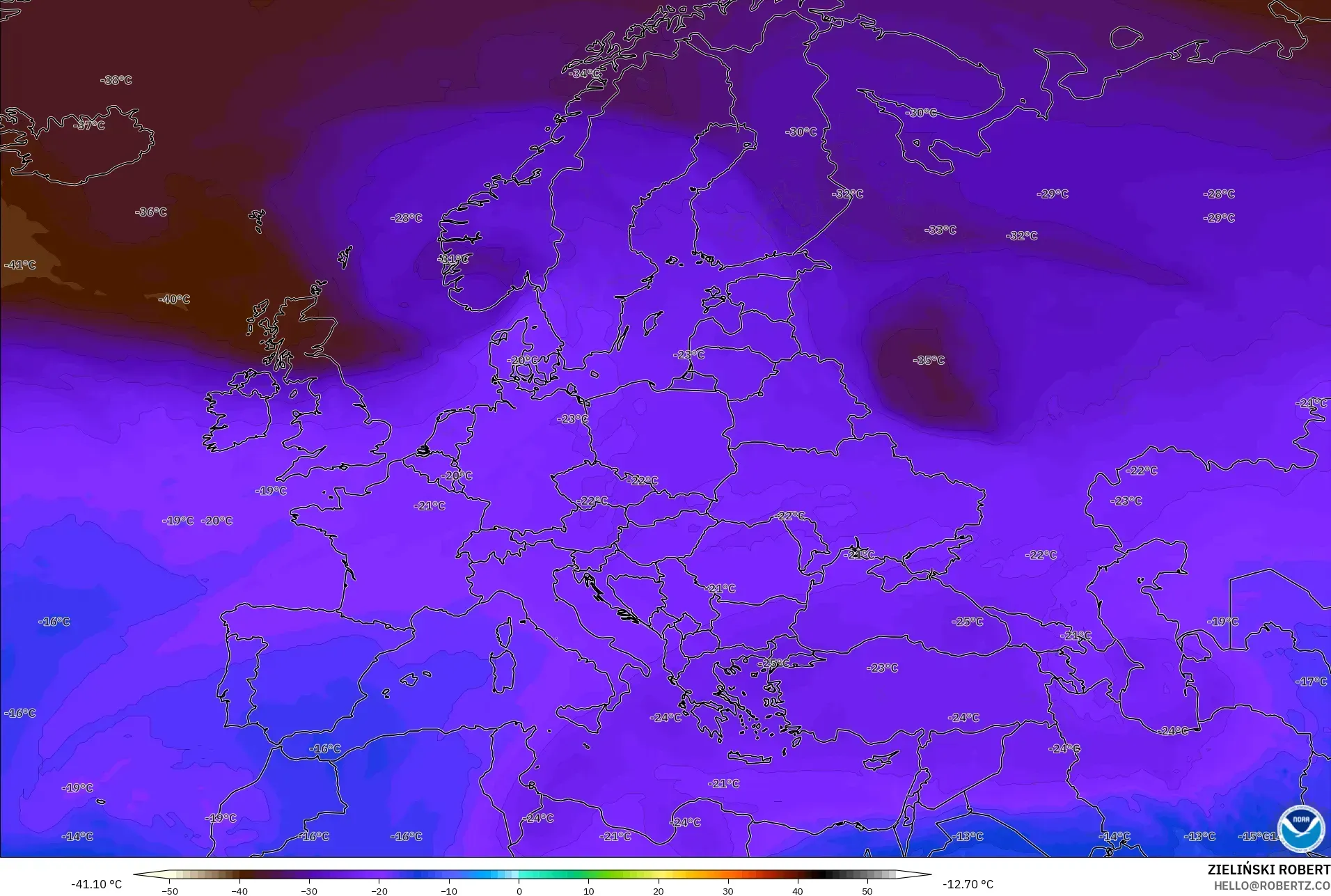 GFS modelo - Europa, Temperatura a 500 hPa
