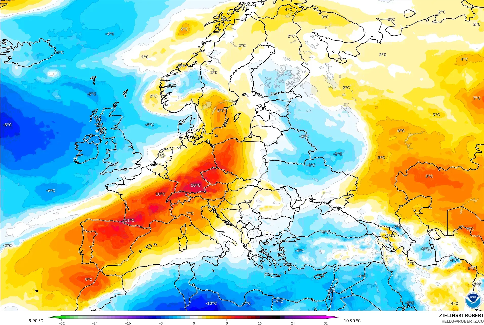 GFS modelo - Europa, Anomalía de temperatura a 850 hPa