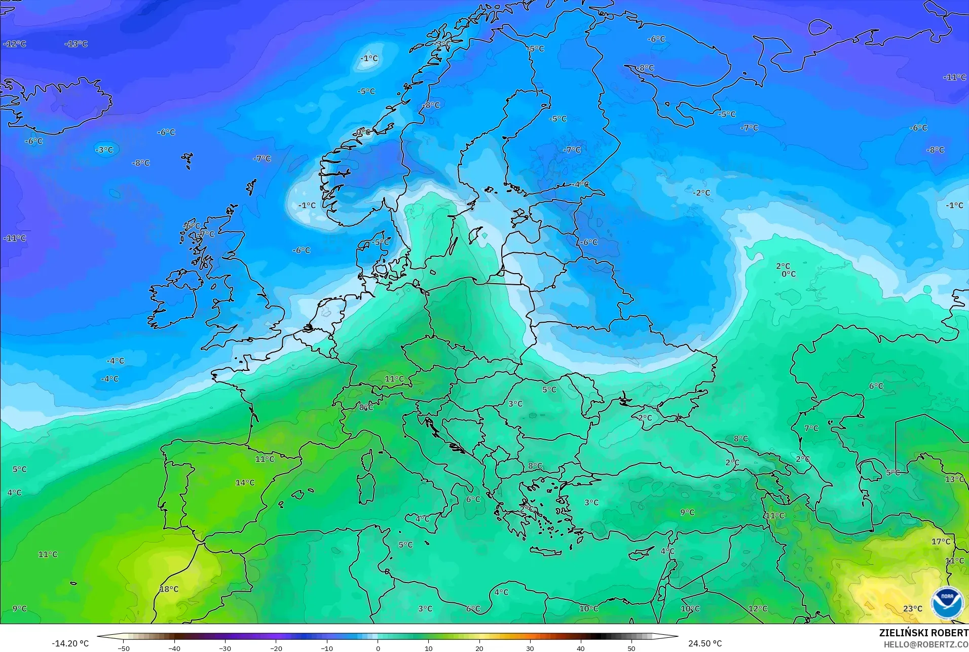 GFS modelo - Europa, Temperatura a 850 hPa