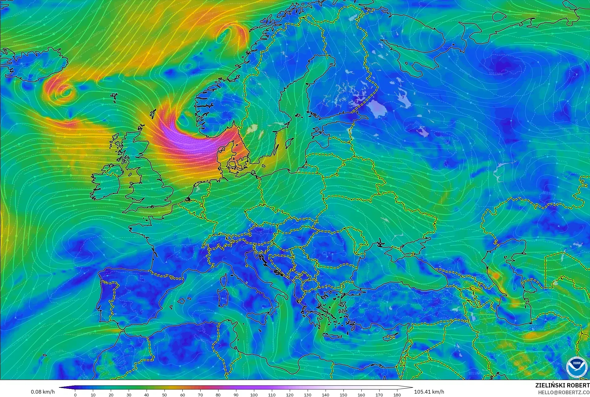 GFS modelo - Europa, Viento a 10 m
