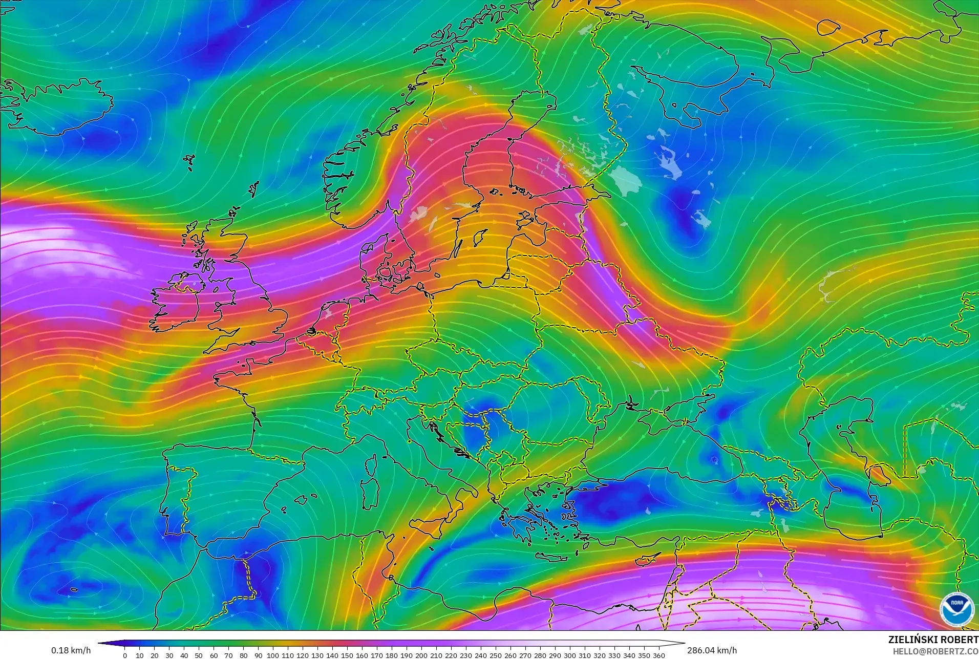 GFS modelo - Europa, Viento a 300 hPa (corriente en chorro)