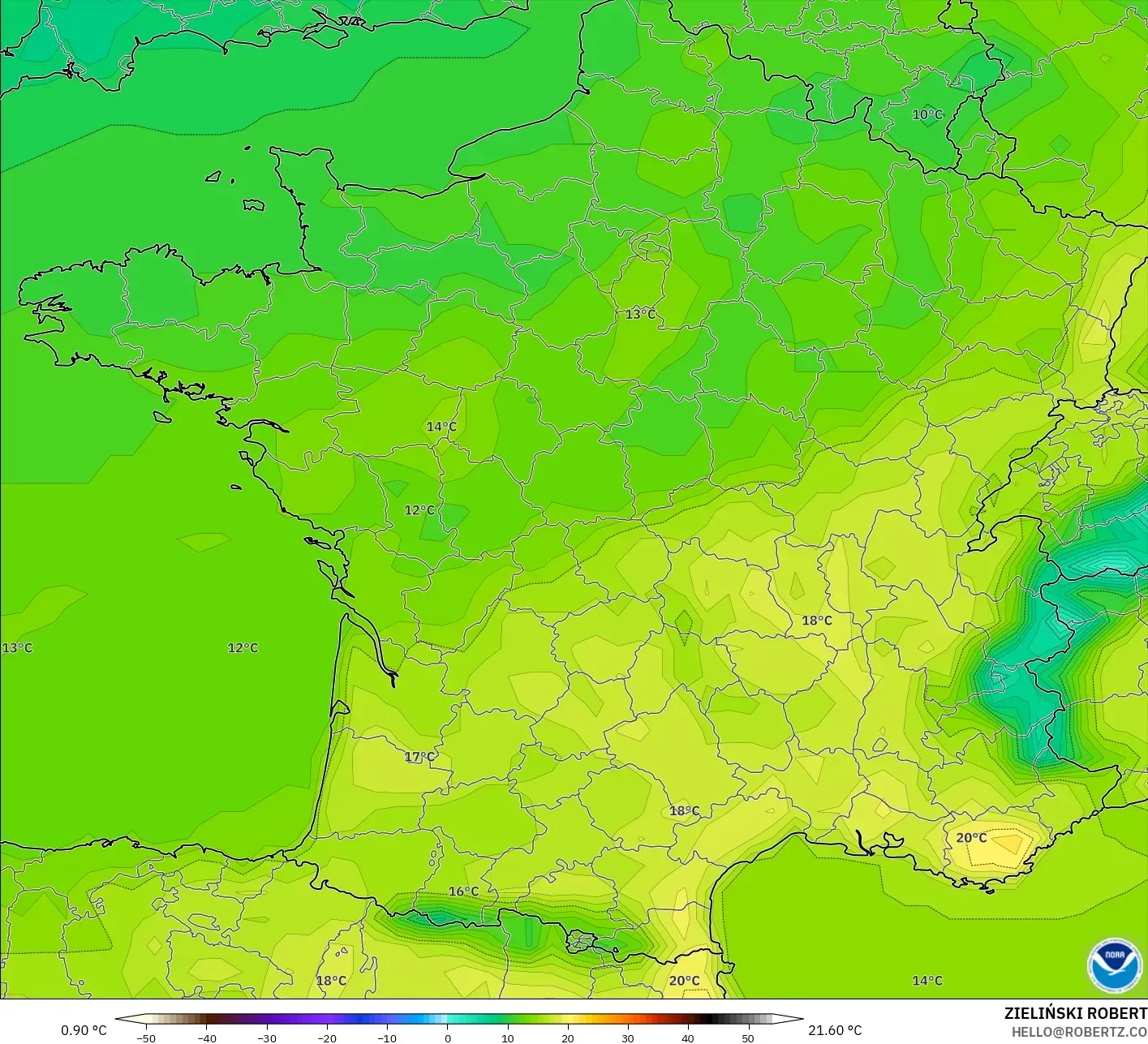 GFS modelo - Francia, Temperatura a 2 m