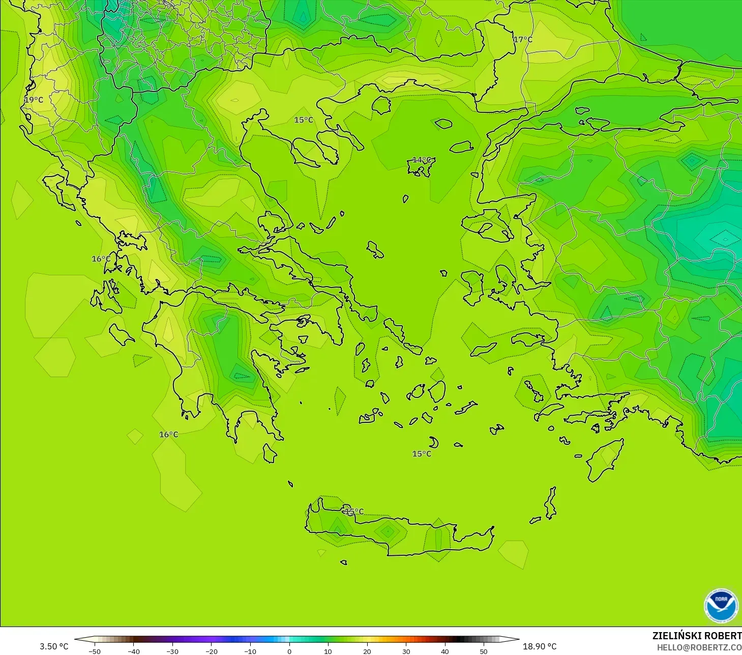 GFS modelo - Grecia, Temperatura a 2 m