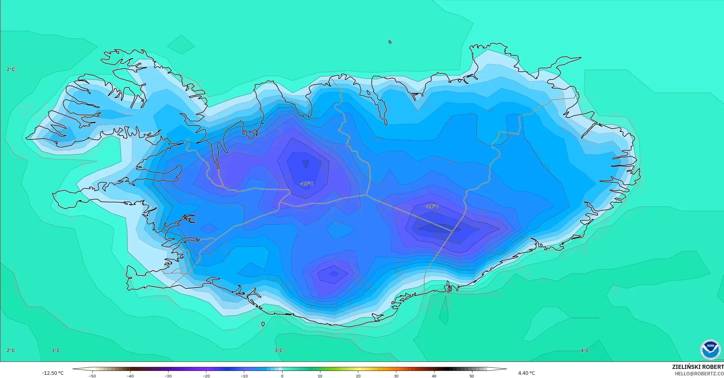 GFS modelo - Islandia, Temperatura a 2 m