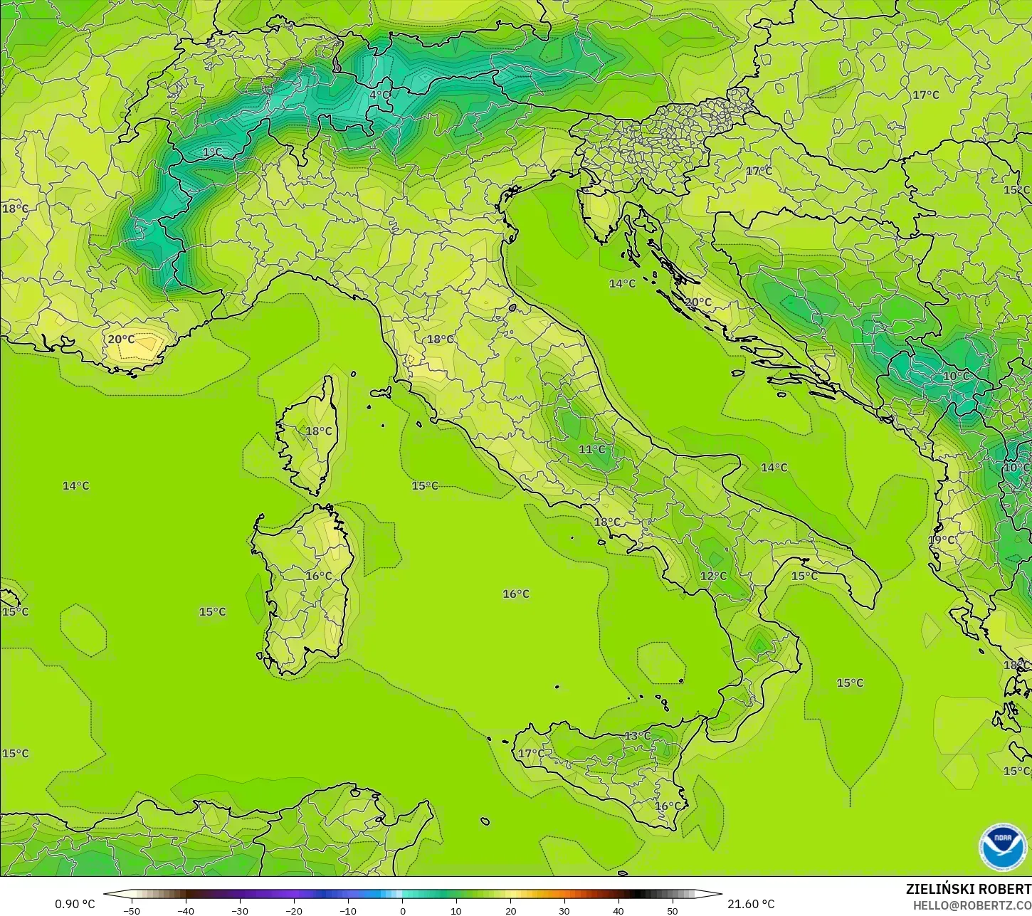 GFS modelo - Italia, Temperatura a 2 m