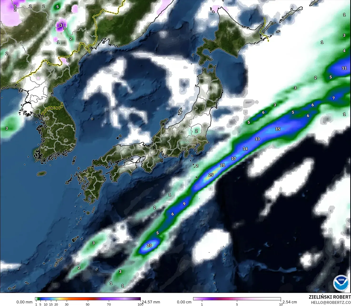 GFS modelo - Japón, Precipitación, nubes y presión