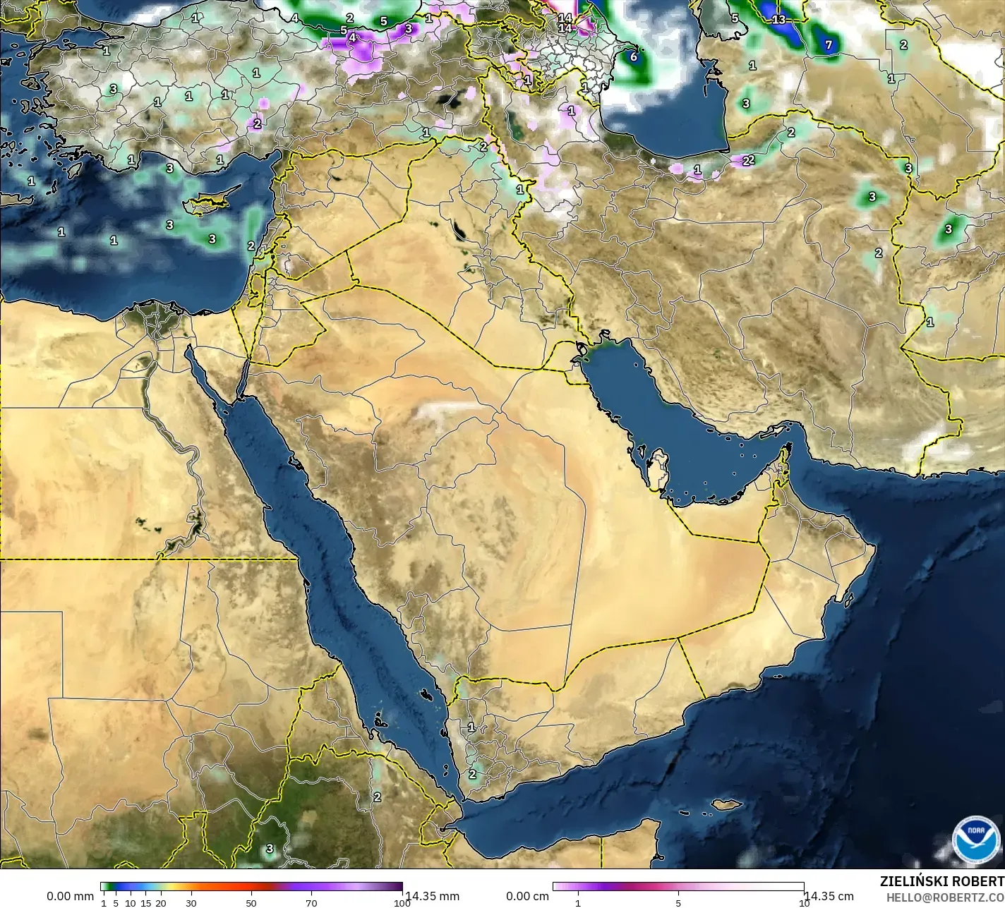 GFS modelo - Oriente Medio, Precipitación, nubes y presión