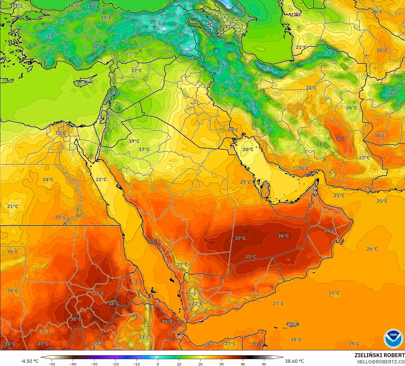 GFS modelo - Oriente Medio, Temperatura a 2 m