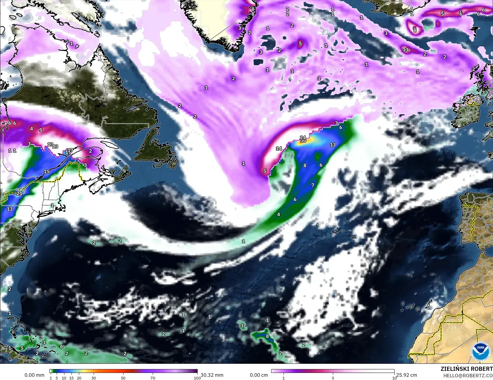 GFS modelo - Norte Atlántico, Precipitación, nubes y presión
