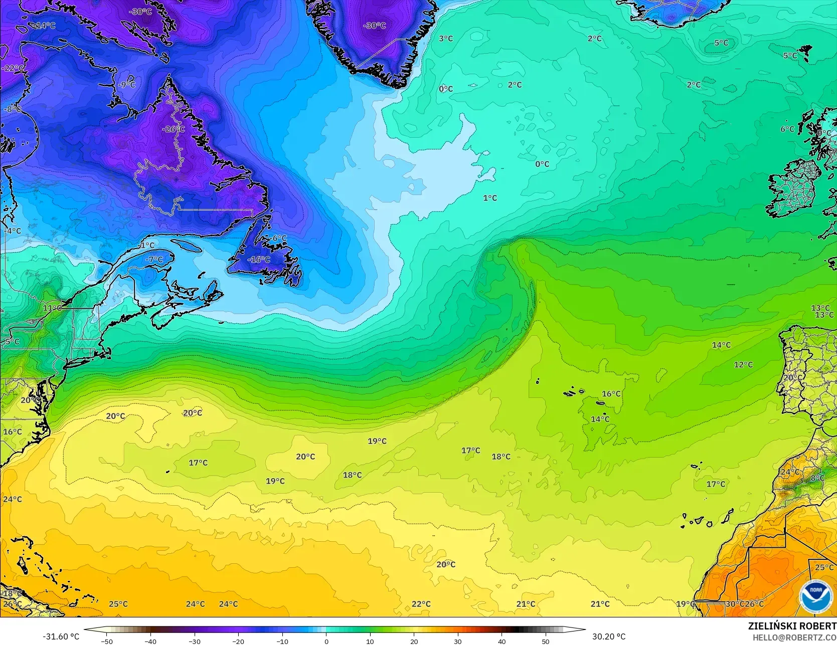 GFS modelo - Norte Atlántico, Temperatura a 2 m