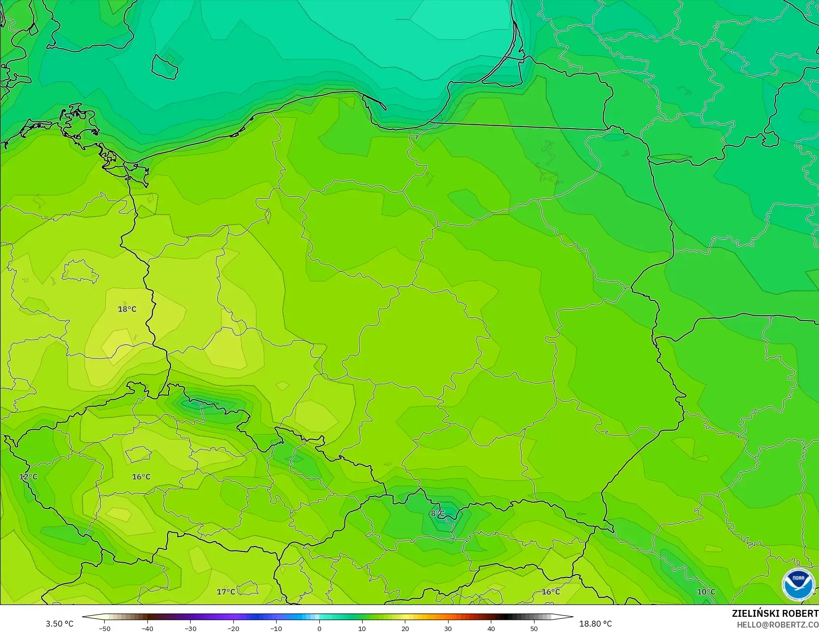 GFS modelo - Polonia, Temperatura a 2 m