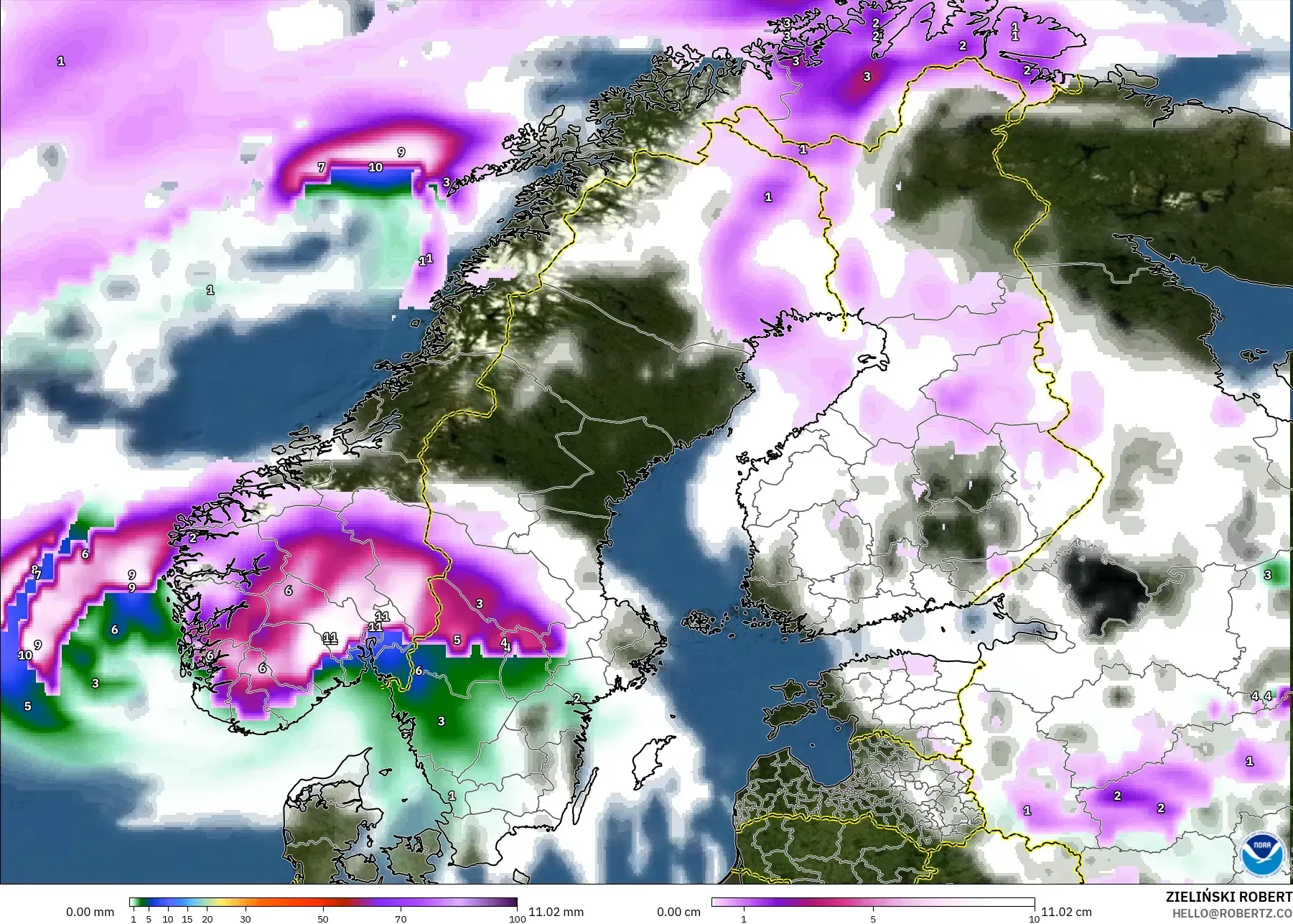GFS modelo - Escandinavia, Precipitación, nubes y presión