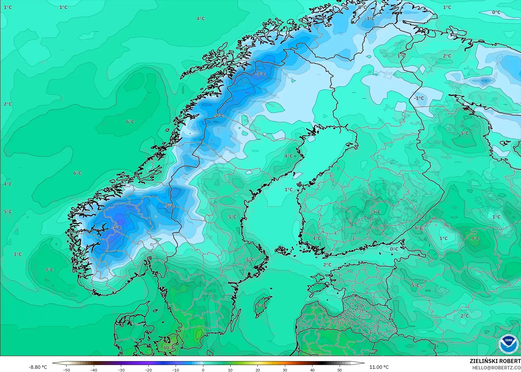 GFS modelo - Escandinavia, Temperatura a 2 m